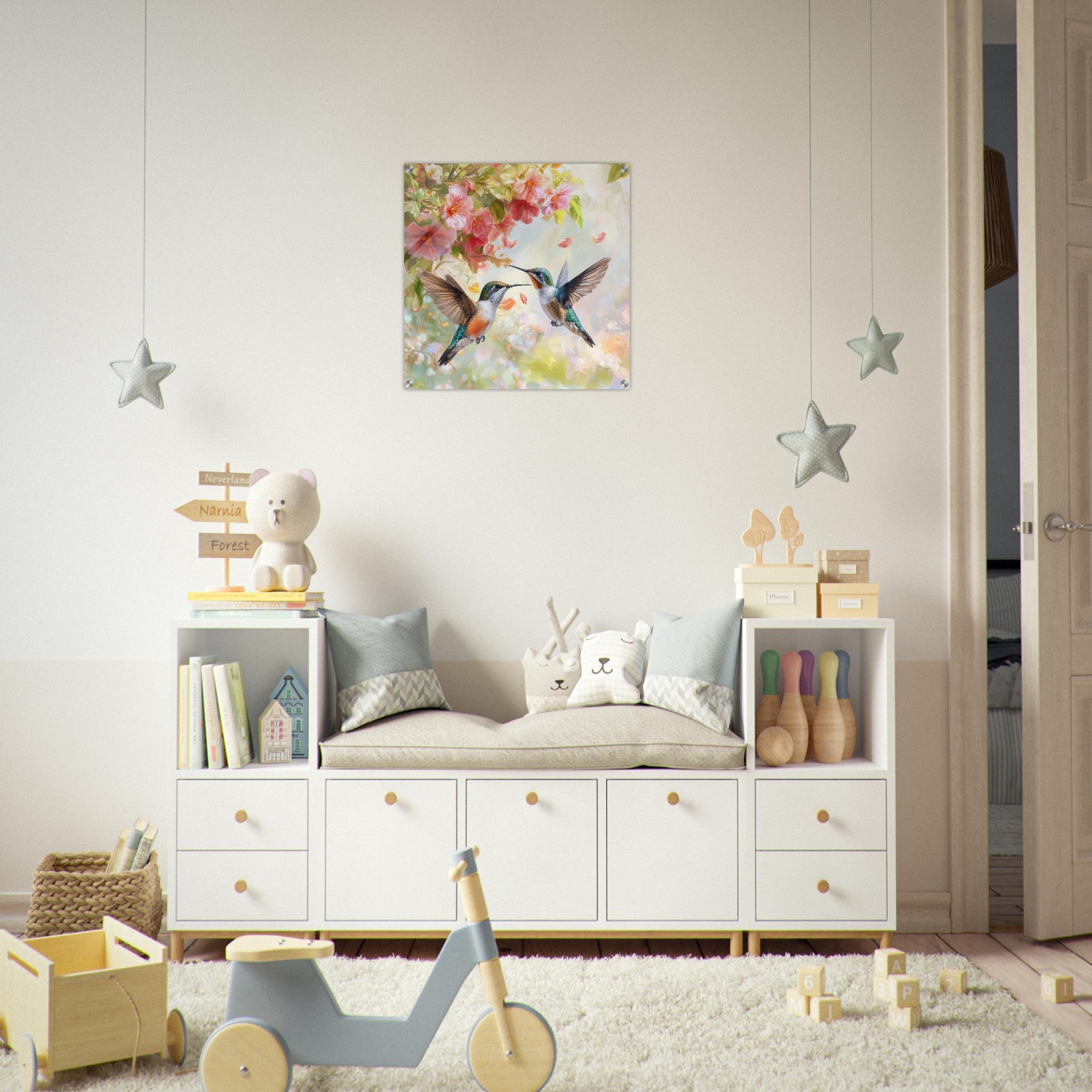 Acrylic Print Square - Hummingbirds Feeding on Flowers 1 - Shop Ai Art WebShop - Digital Art online Store