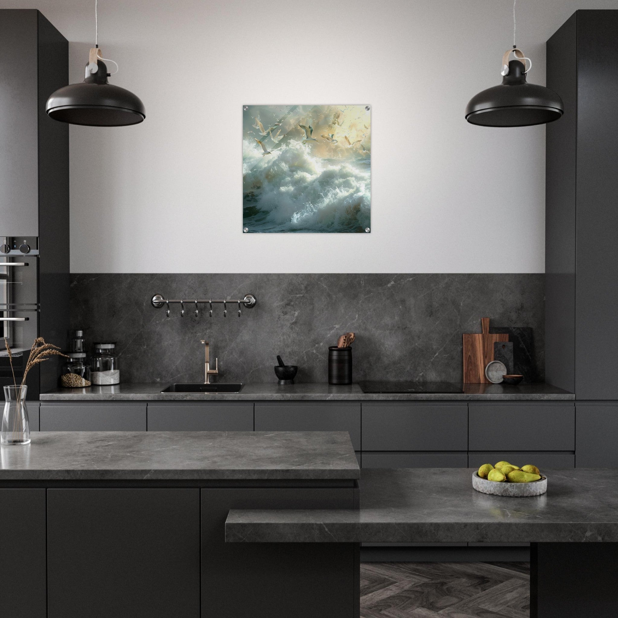 Acrylic Print Square - Impressionism beautiful seawaves with seagels flying around 2 - Shop Ai Art WebShop - Digital Art online Store