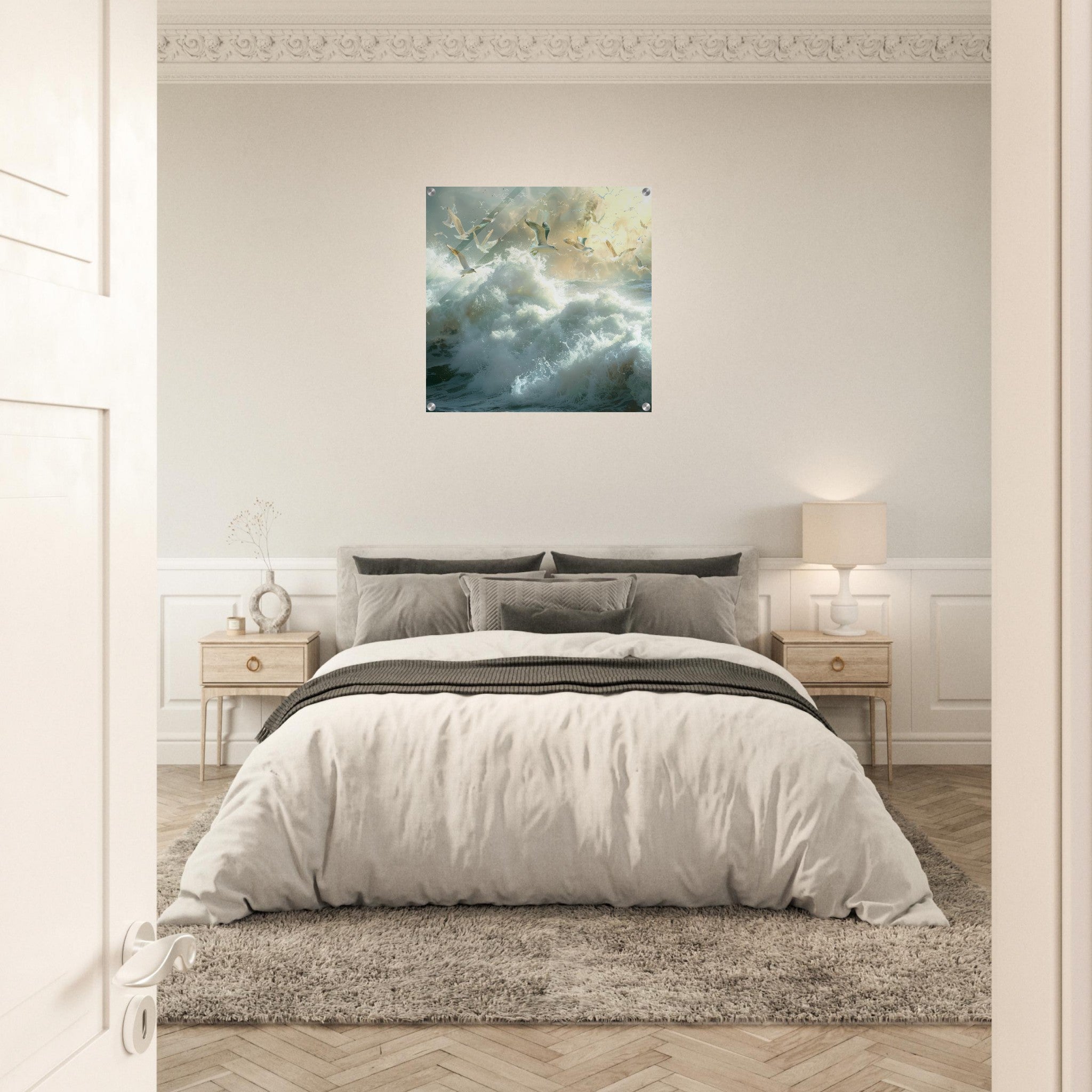 Acrylic Print Square - Impressionism beautiful seawaves with seagels flying around 2 - Shop Ai Art WebShop - Digital Art online Store