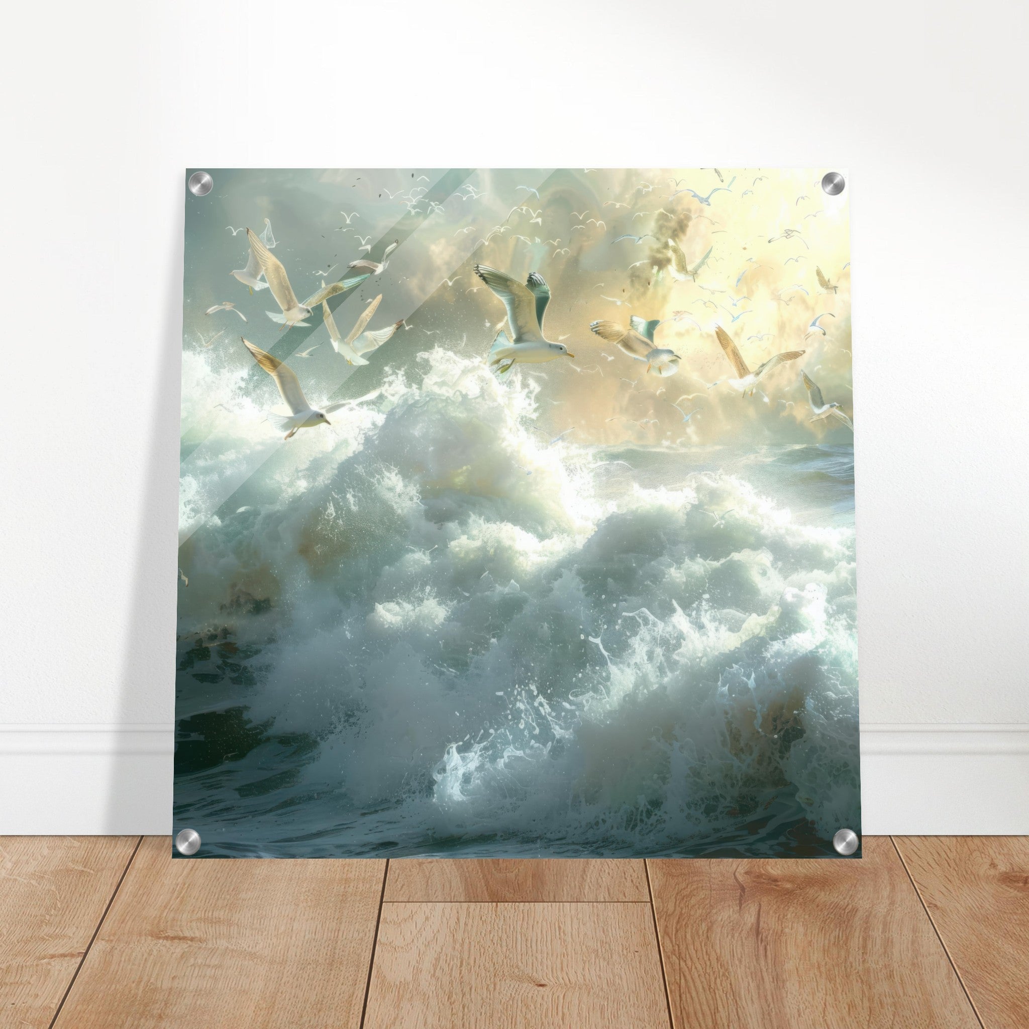 Acrylic Print Square - Impressionism beautiful seawaves with seagels flying around 2 - Shop Ai Art WebShop - Digital Art online Store