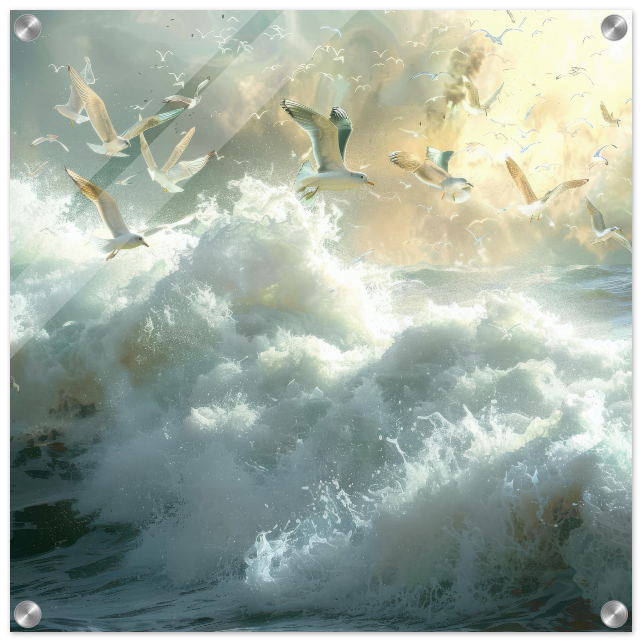 Acrylic Print Square - Impressionism beautiful seawaves with seagels flying around 2 - Shop Ai Art WebShop - Digital Art online Store