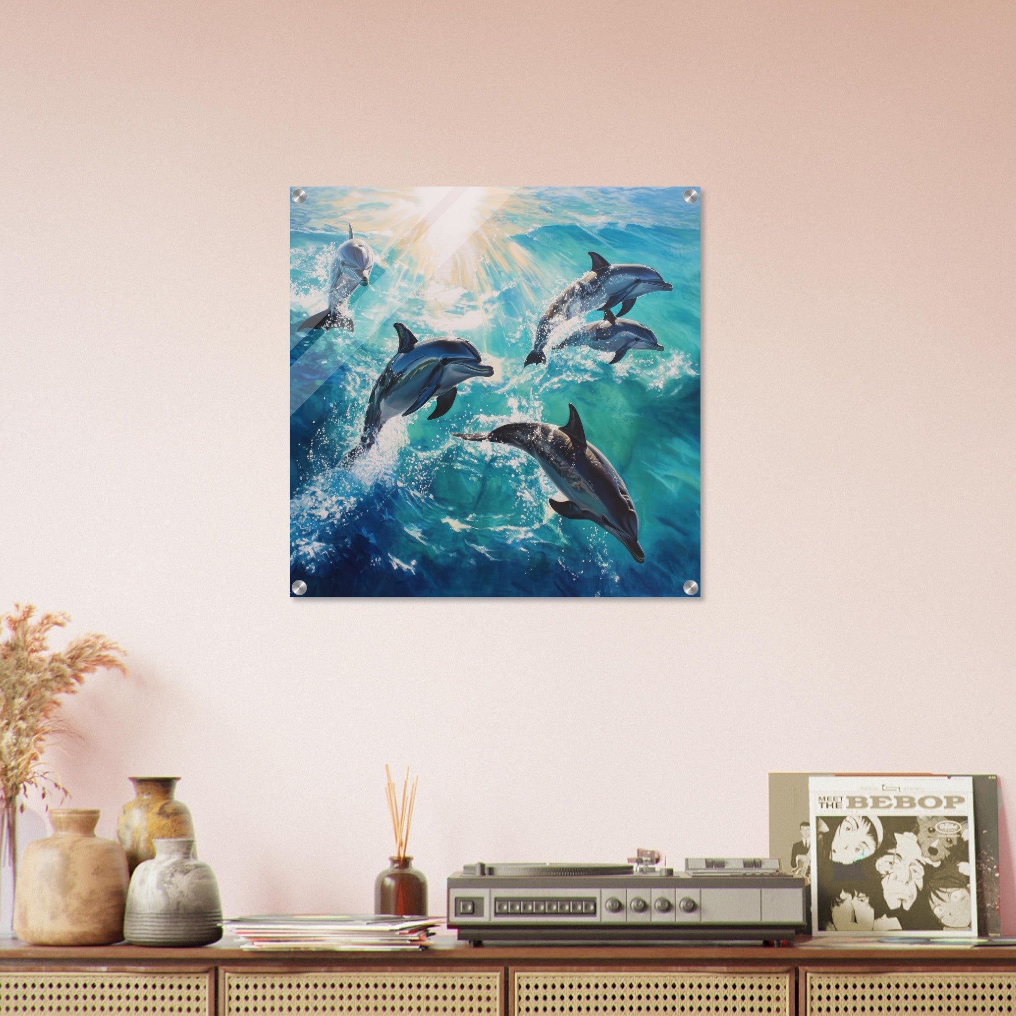 Acrylic Print Square - Playful Dolphins in Crystal Clear Waters - Shop Ai Art WebShop - Digital Art online Store