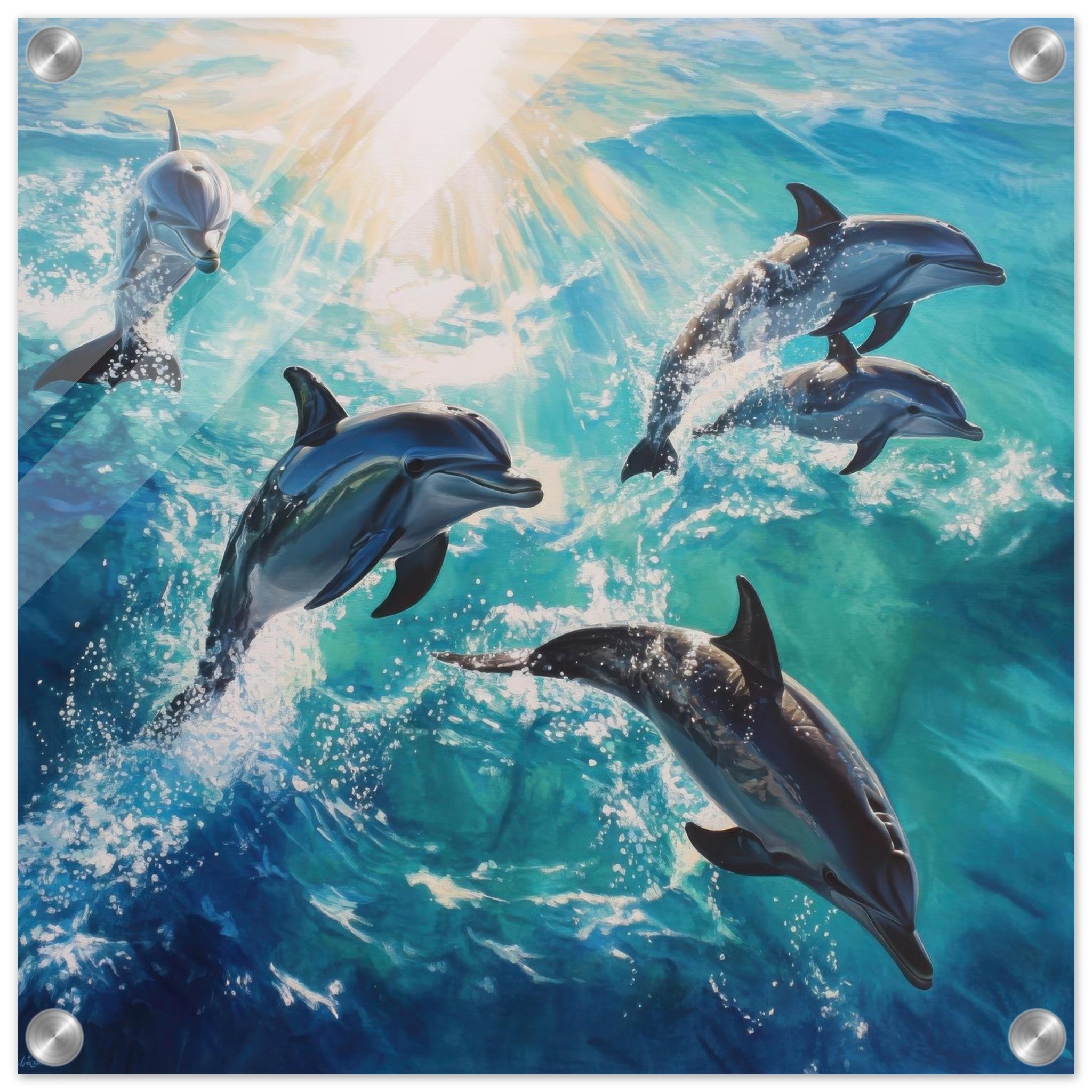 Acrylic Print Square - Playful Dolphins in Crystal Clear Waters - Shop Ai Art WebShop - Digital Art online Store