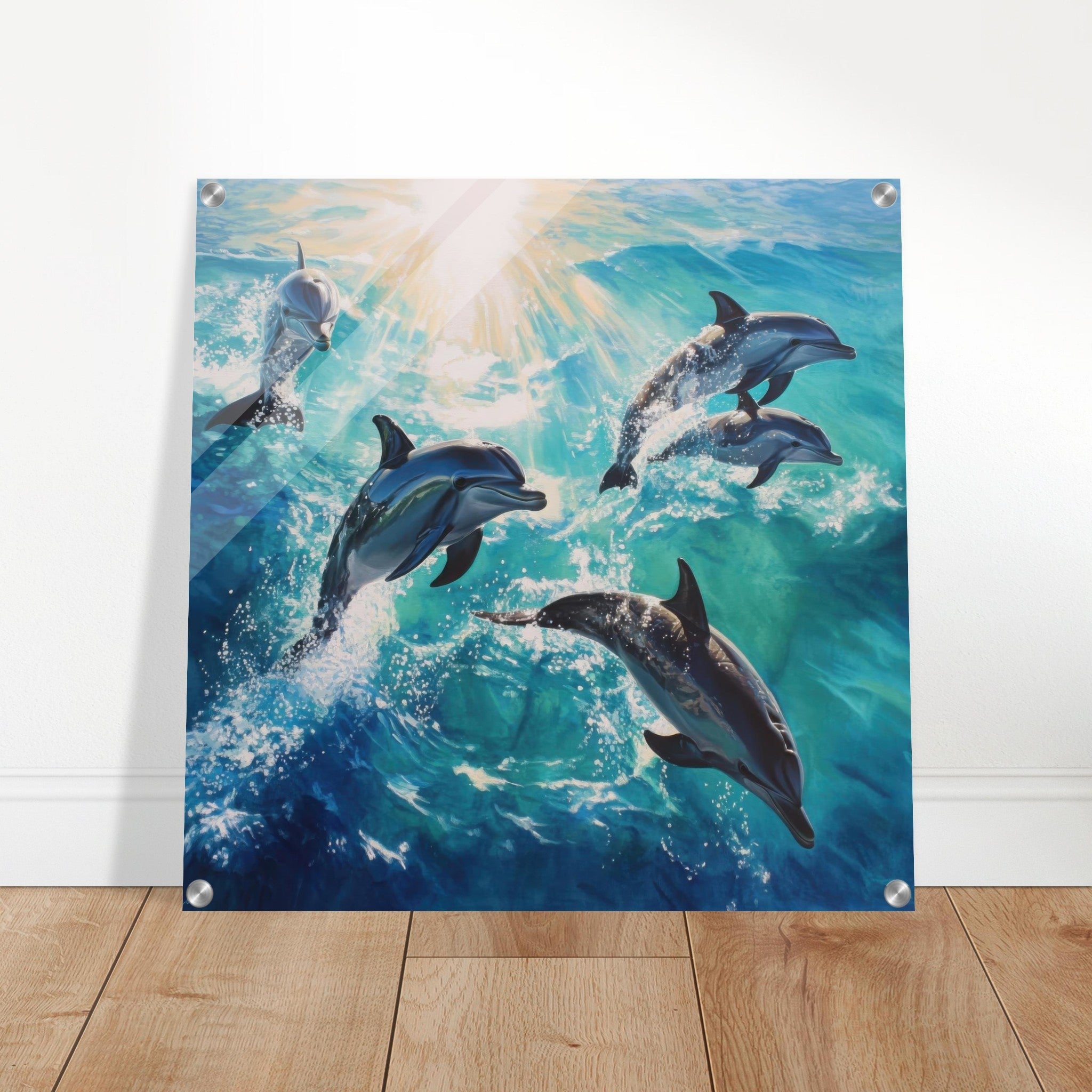 Acrylic Print Square - Playful Dolphins in Crystal Clear Waters - Shop Ai Art WebShop - Digital Art online Store