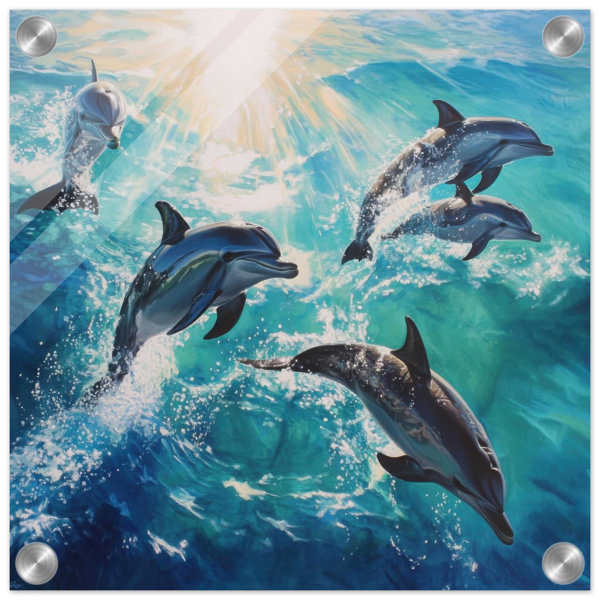 Acrylic Print Square - Playful Dolphins in Crystal Clear Waters - Shop Ai Art WebShop - Digital Art online Store