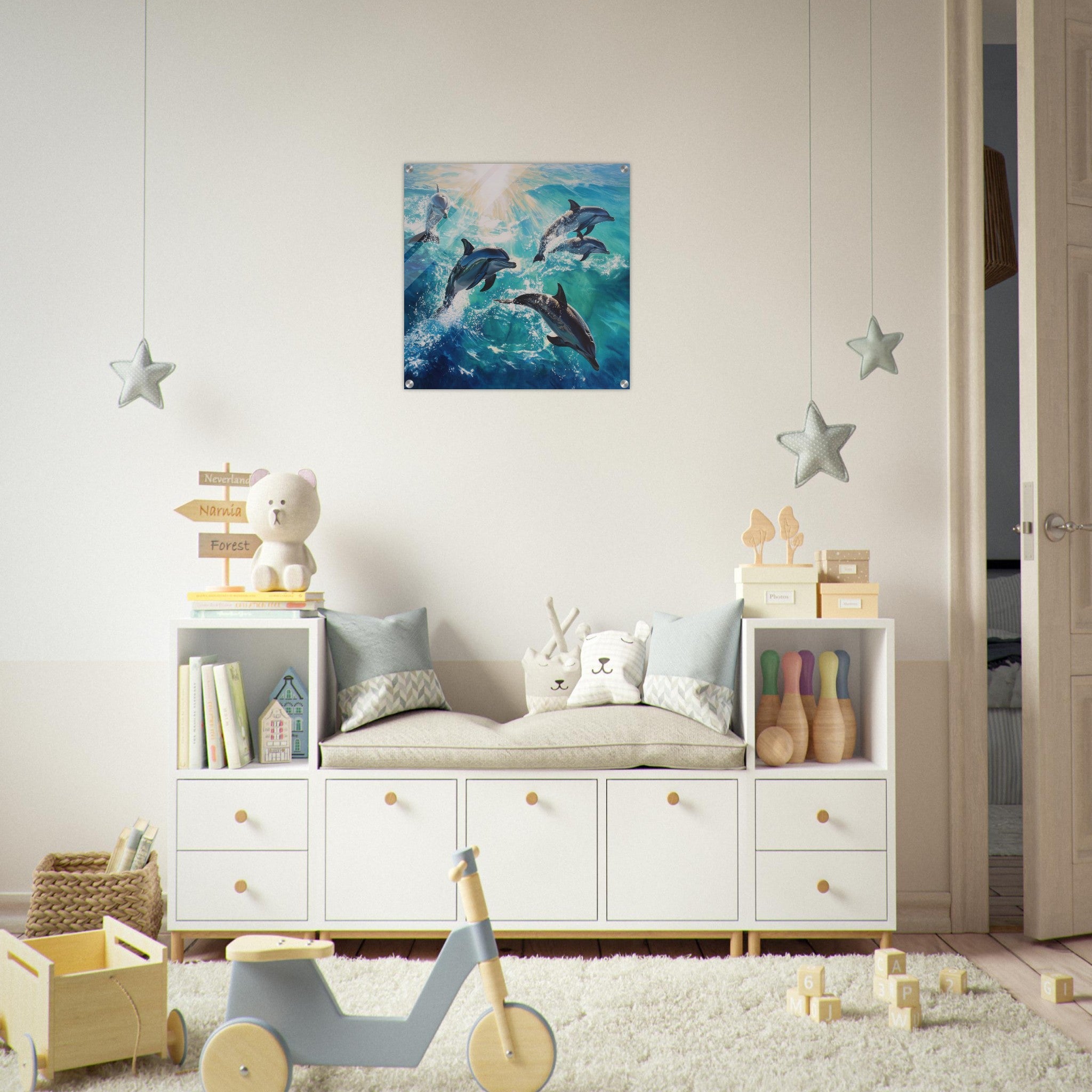 Acrylic Print Square - Playful Dolphins in Crystal Clear Waters - Shop Ai Art WebShop - Digital Art online Store