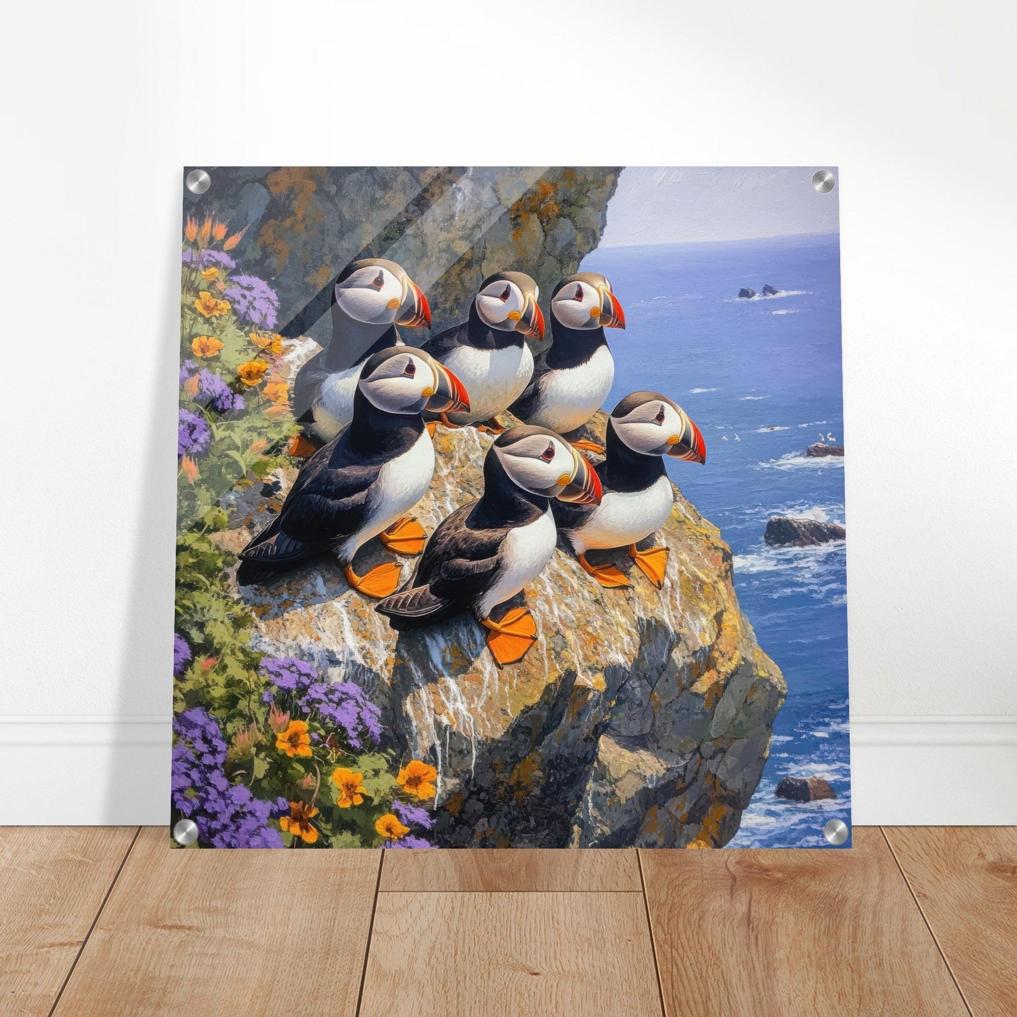 Acrylic Print Square - Puffins Nesting on a Cliffside 2 - Shop Ai Art WebShop - Digital Art online Store