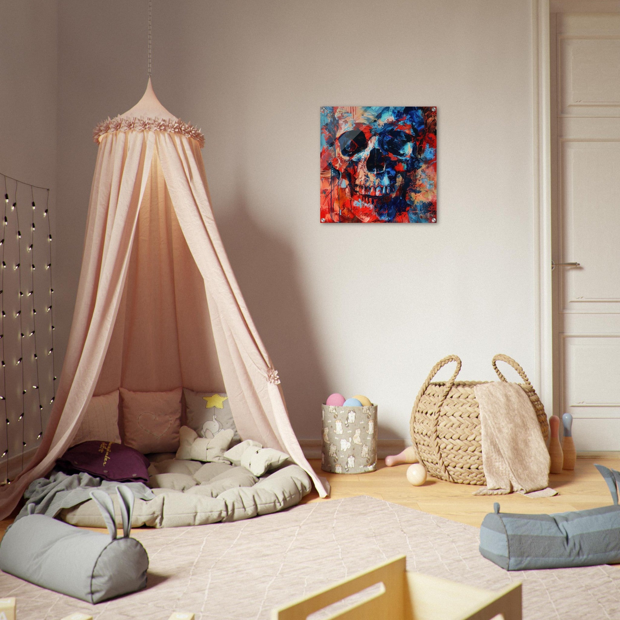 Acrylic Print Square - Skull and Bones abstract art style - Shop Ai Art WebShop - Digital Art online Store