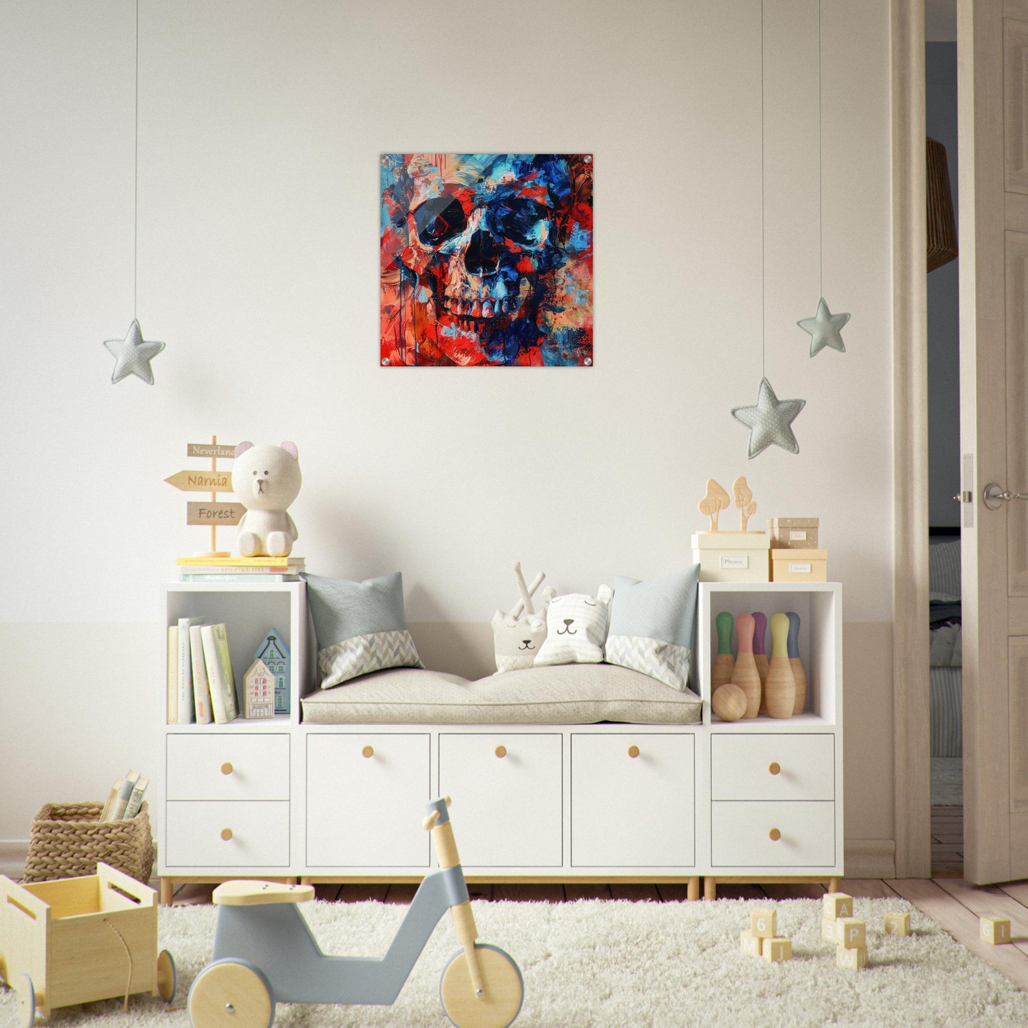 Acrylic Print Square - Skull and Bones abstract art style - Shop Ai Art WebShop - Digital Art online Store