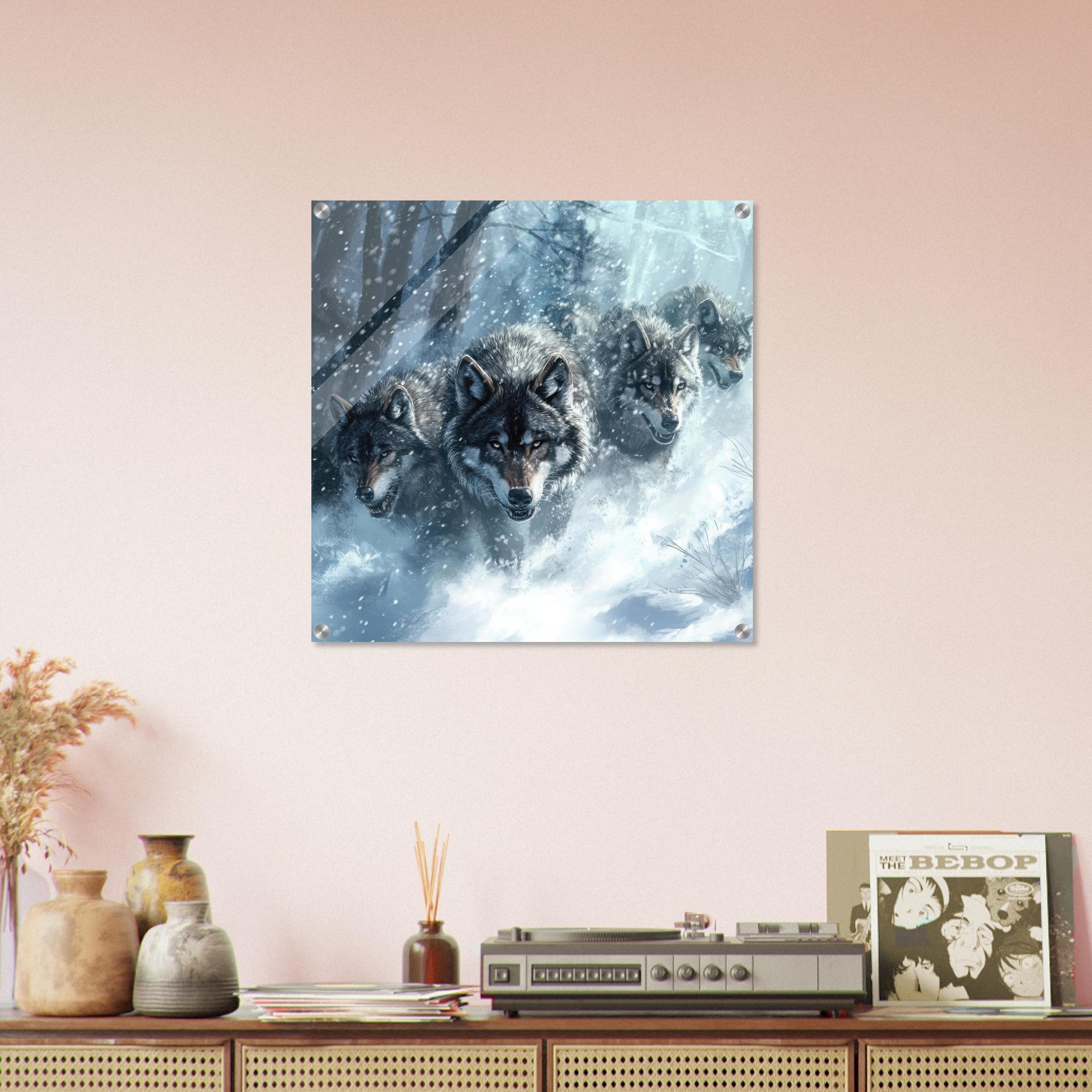 Acrylic Print Square - Wolf Pack in the Snowy Wilderness - Ai Art Force