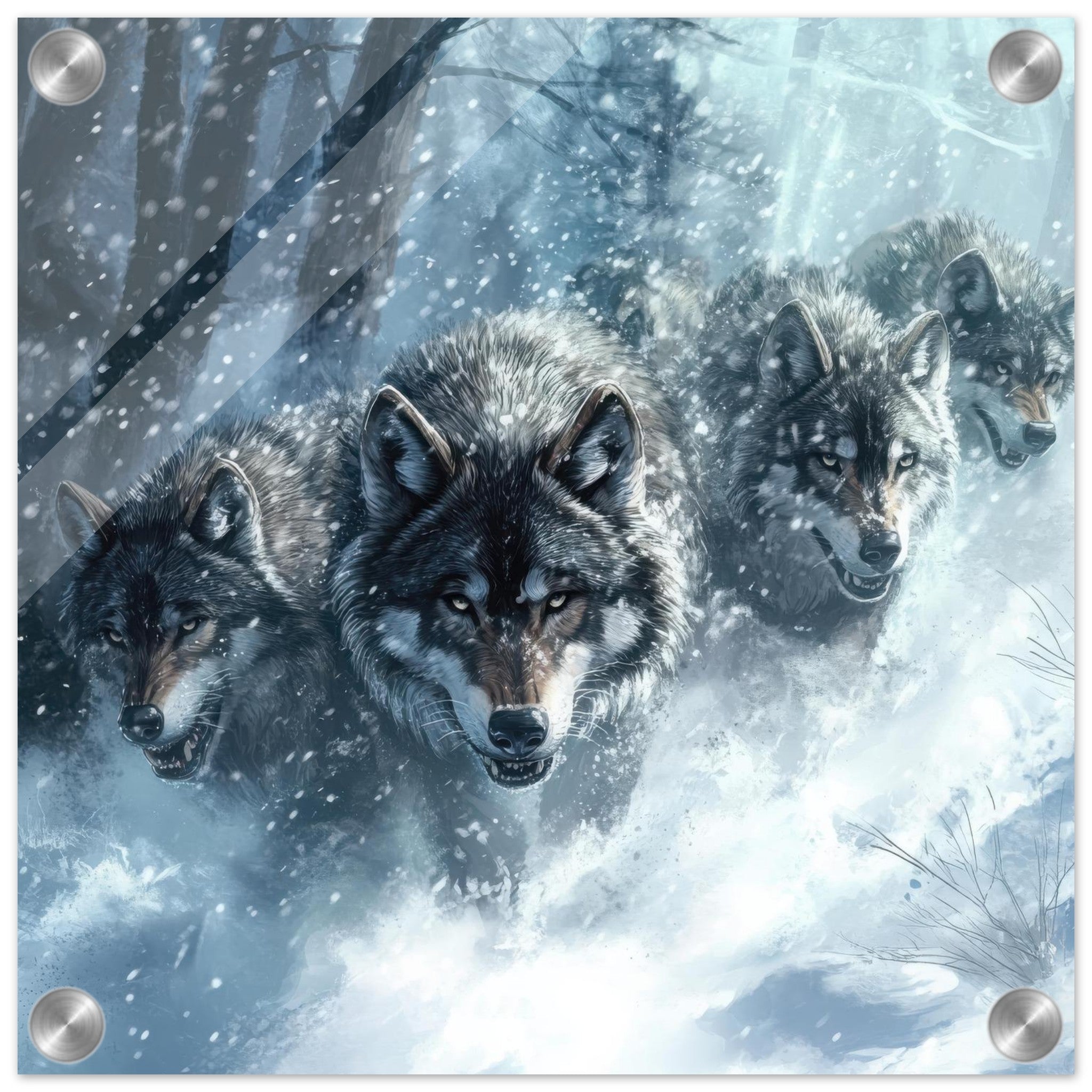 Acrylic Print Square - Wolf Pack in the Snowy Wilderness - Ai Art Force