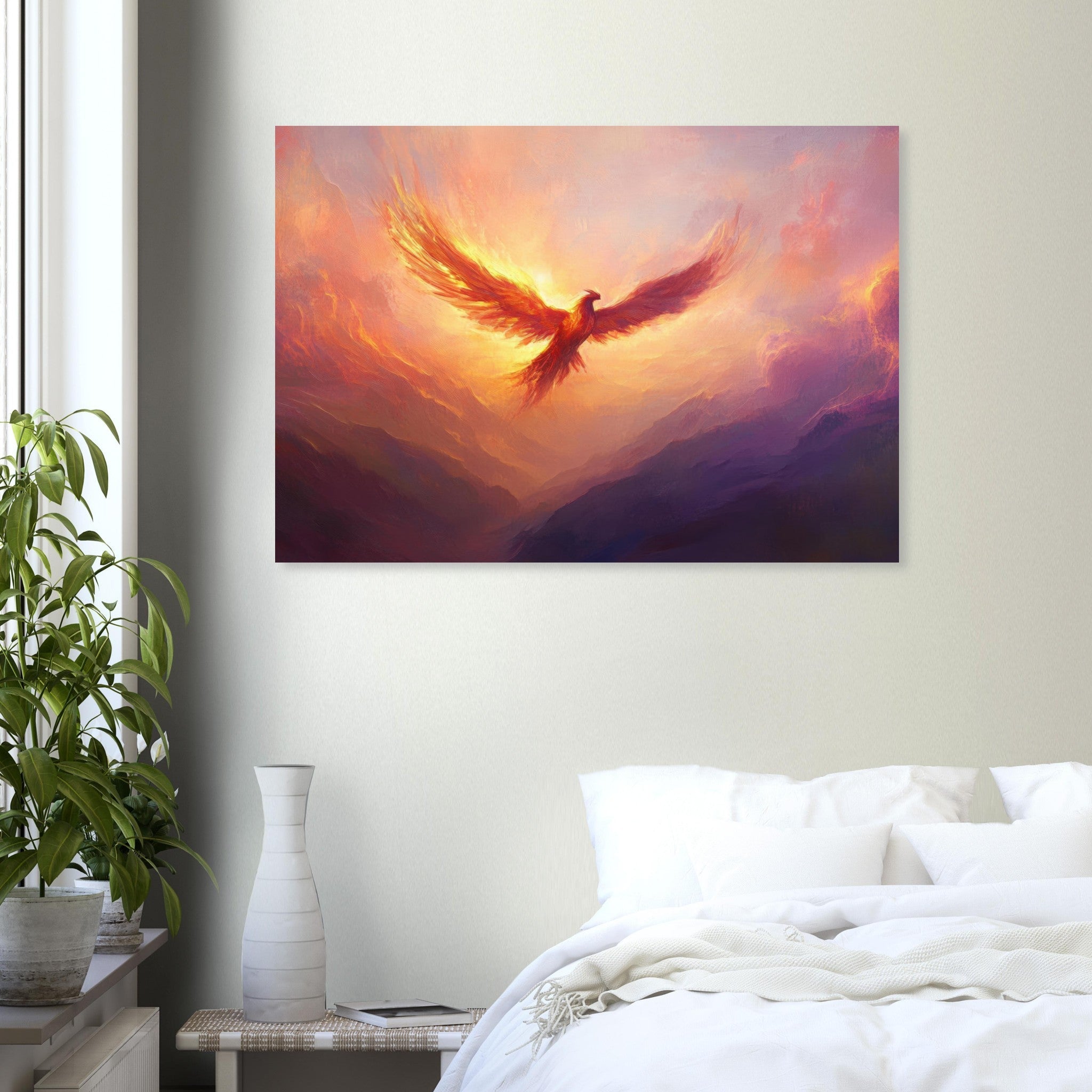 Aluminum Print Landscape - A celestial phoenix soars above a misty valley - Ai Art Force
