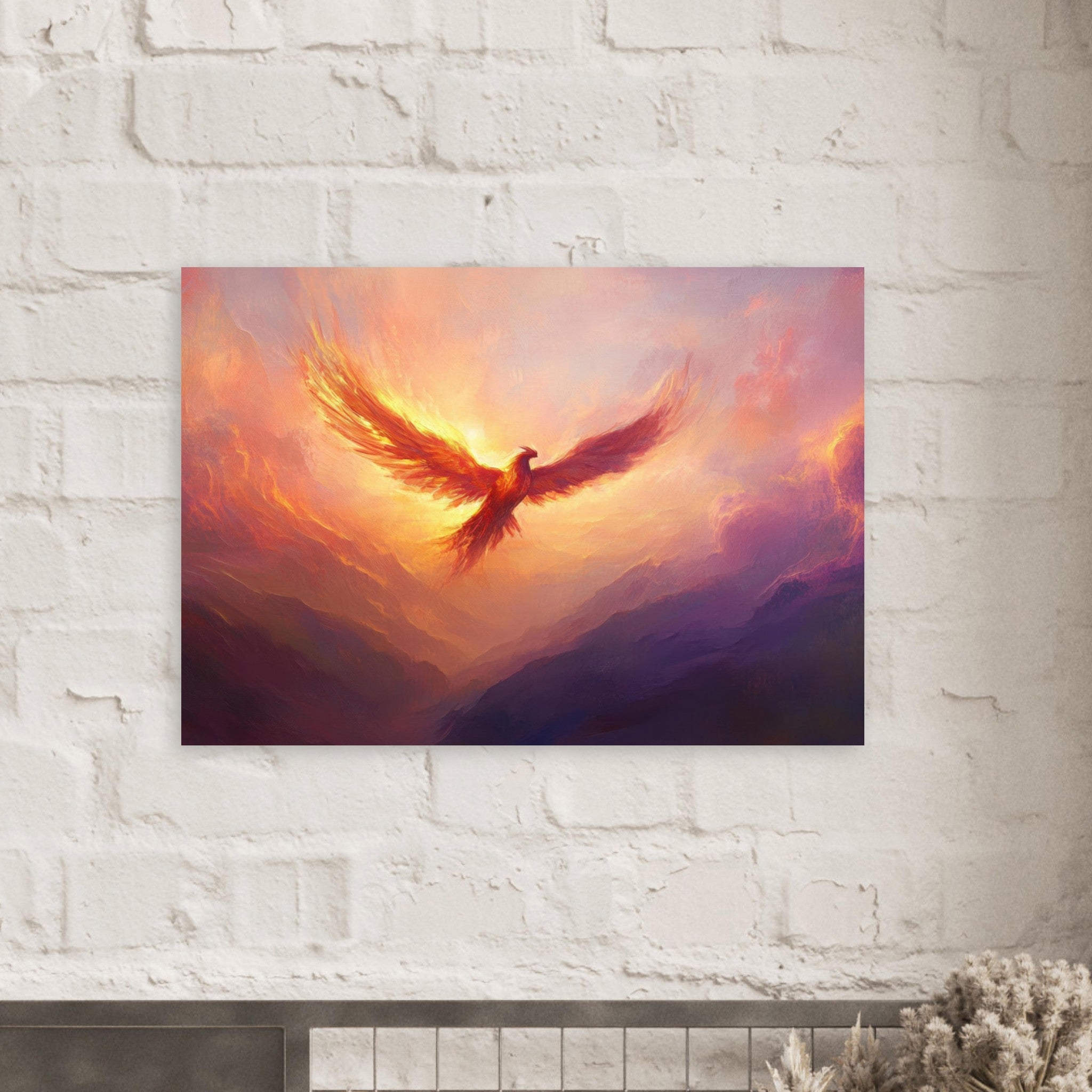 Aluminum Print Landscape - A celestial phoenix soars above a misty valley - Ai Art Force
