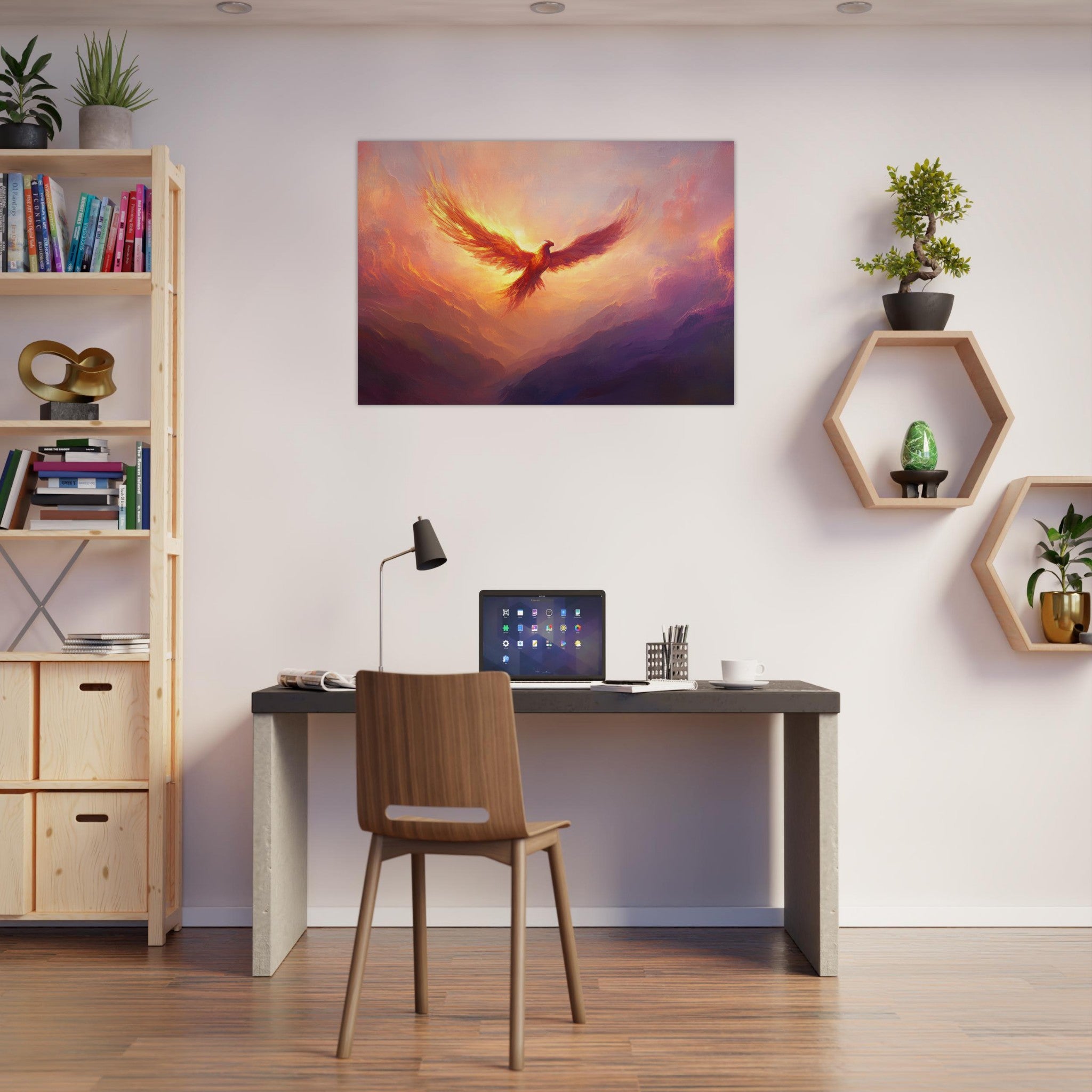 Aluminum Print Landscape - A celestial phoenix soars above a misty valley - Ai Art Force