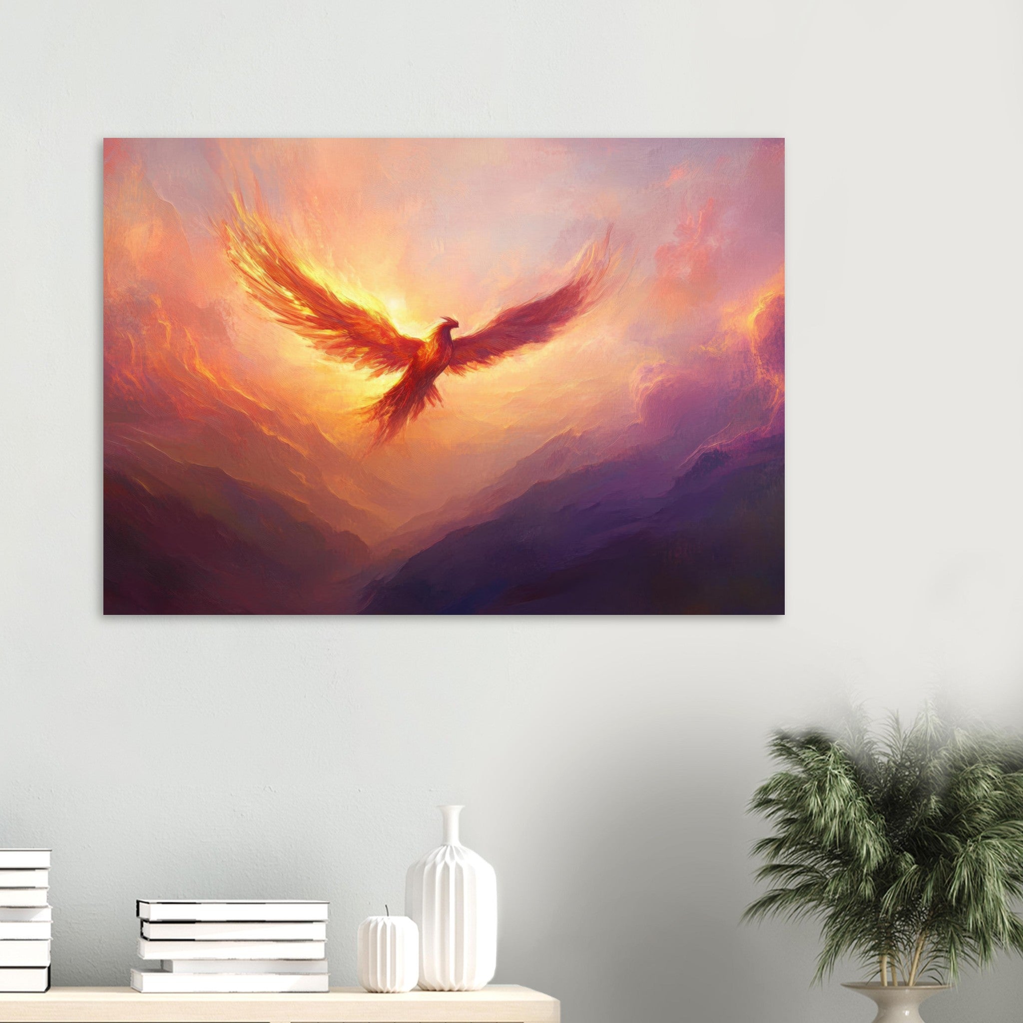 Aluminum Print Landscape - A celestial phoenix soars above a misty valley - Ai Art Force