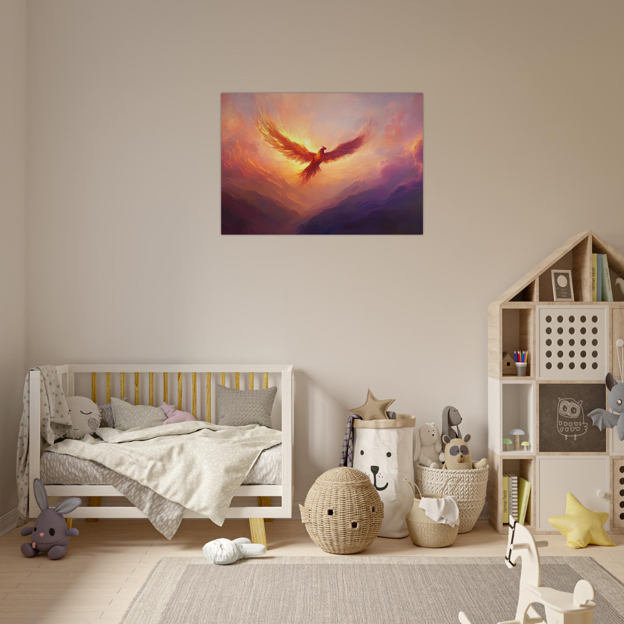 Aluminum Print Landscape - A celestial phoenix soars above a misty valley - Ai Art Force