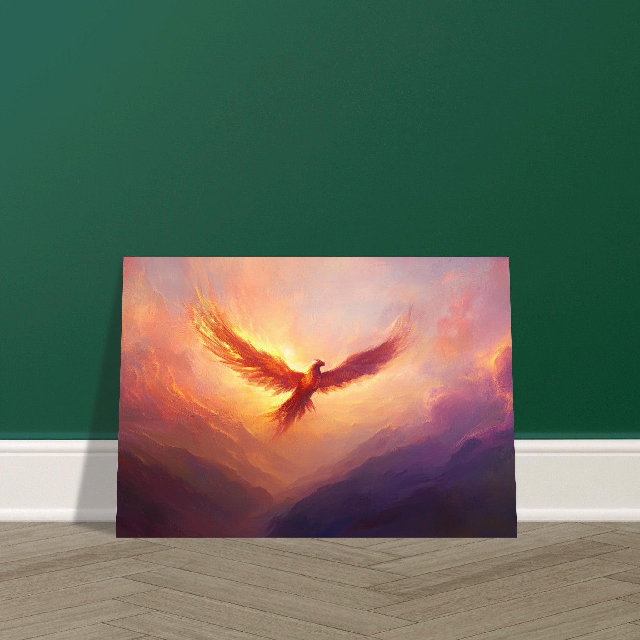 Aluminum Print Landscape - A celestial phoenix soars above a misty valley - Ai Art Force