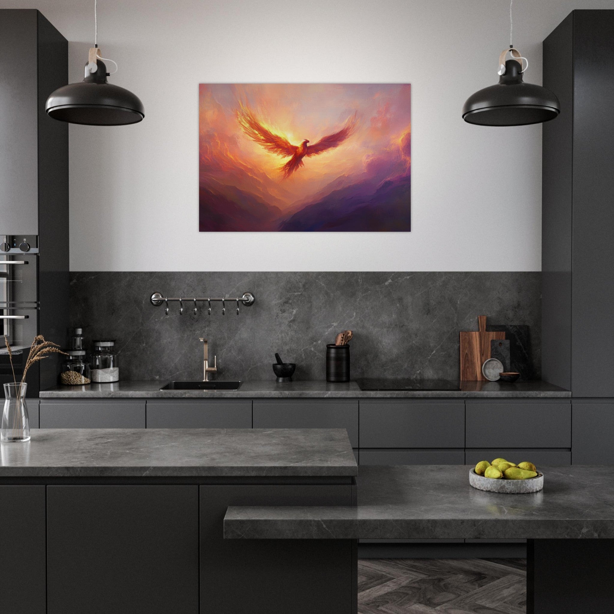 Aluminum Print Landscape - A celestial phoenix soars above a misty valley - Ai Art Force