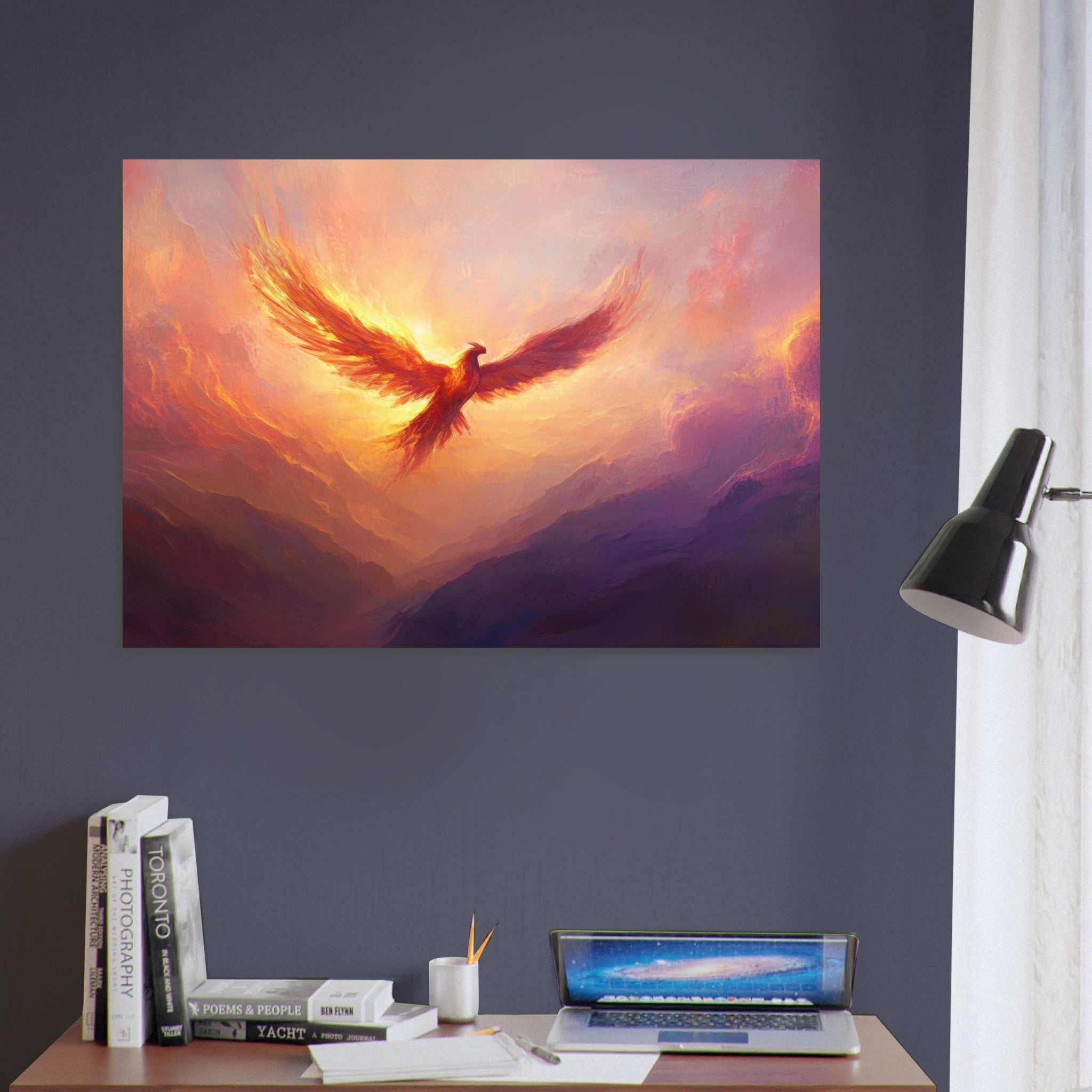 Aluminum Print Landscape - A celestial phoenix soars above a misty valley - Ai Art Force