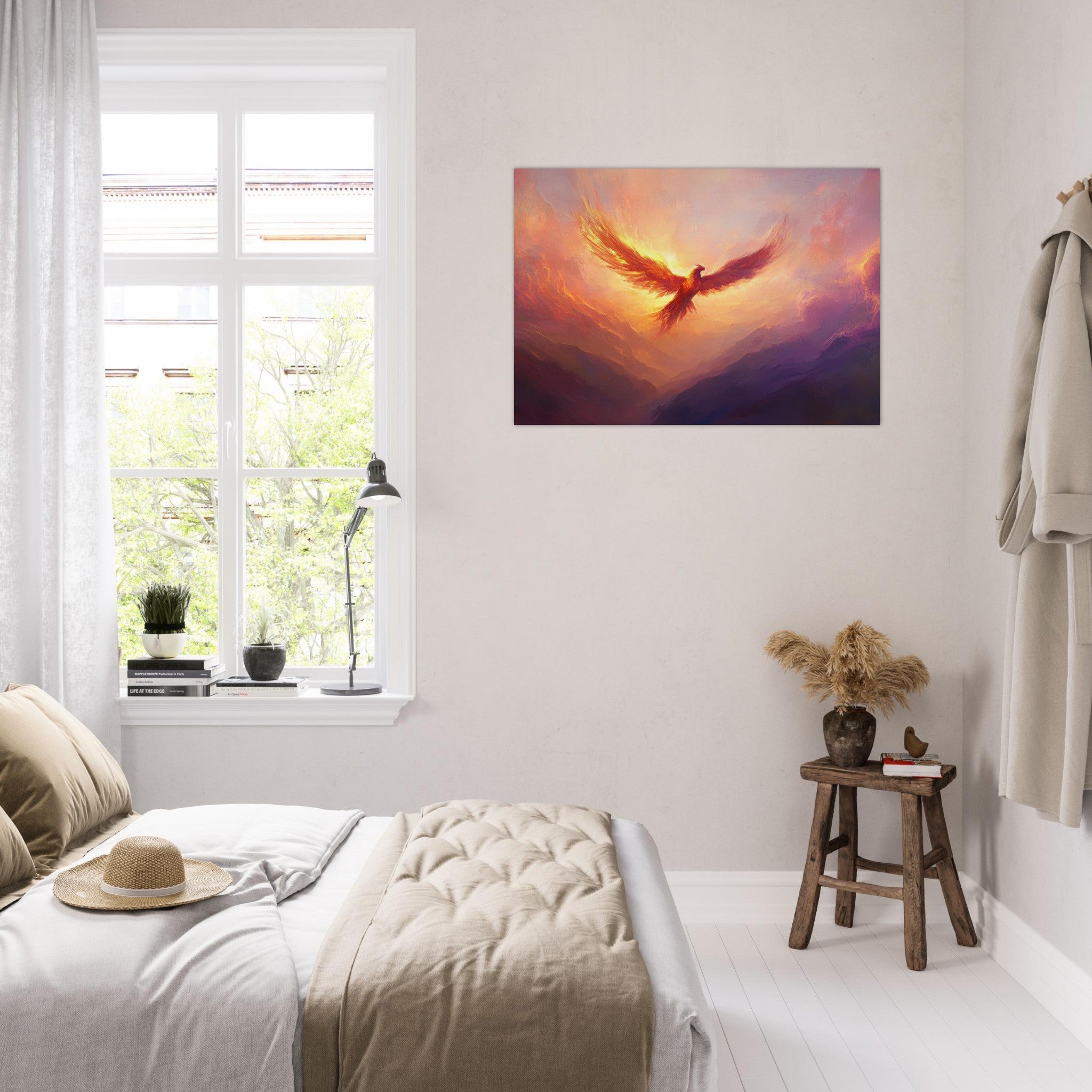 Aluminum Print Landscape - A celestial phoenix soars above a misty valley - Ai Art Force