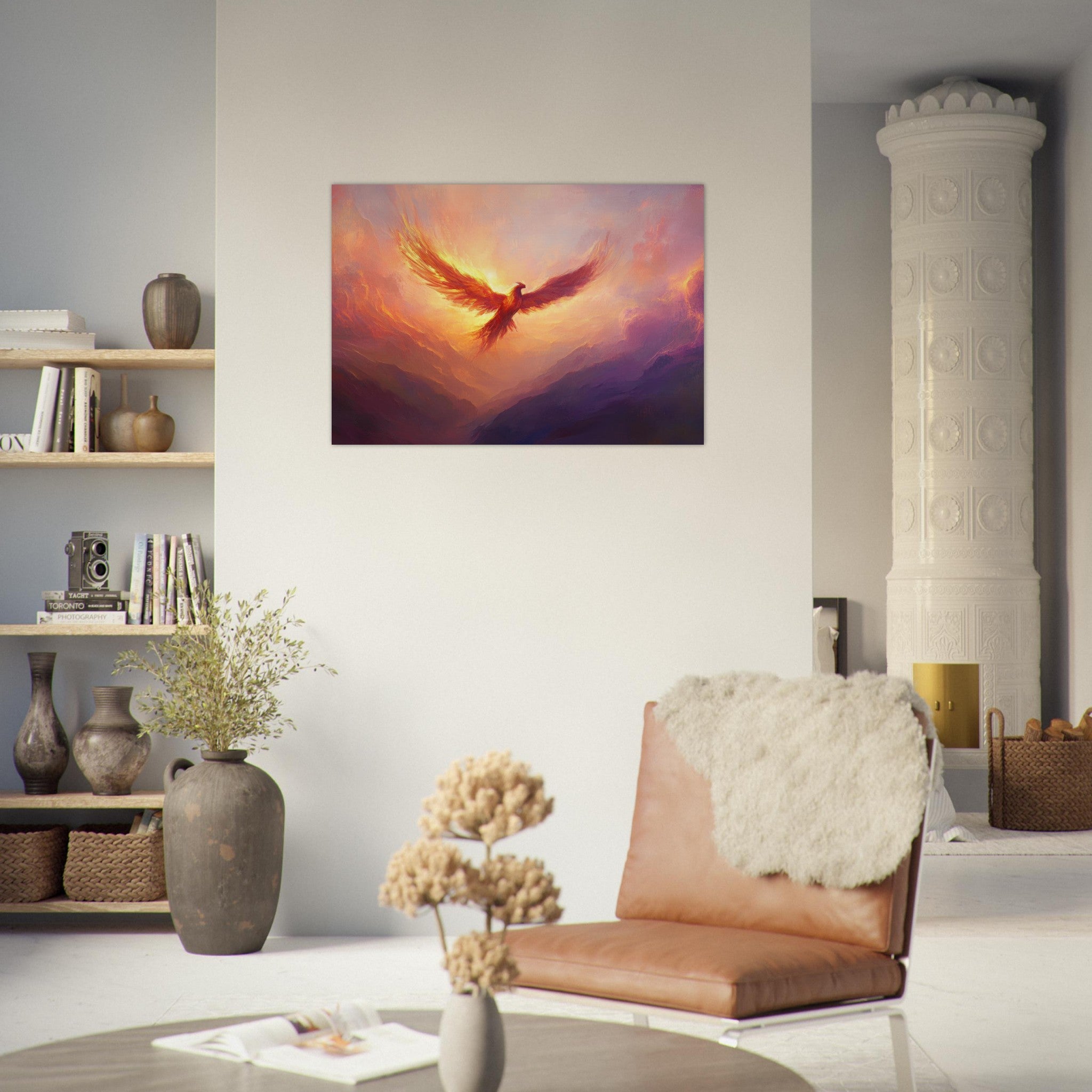 Aluminum Print Landscape - A celestial phoenix soars above a misty valley - Ai Art Force
