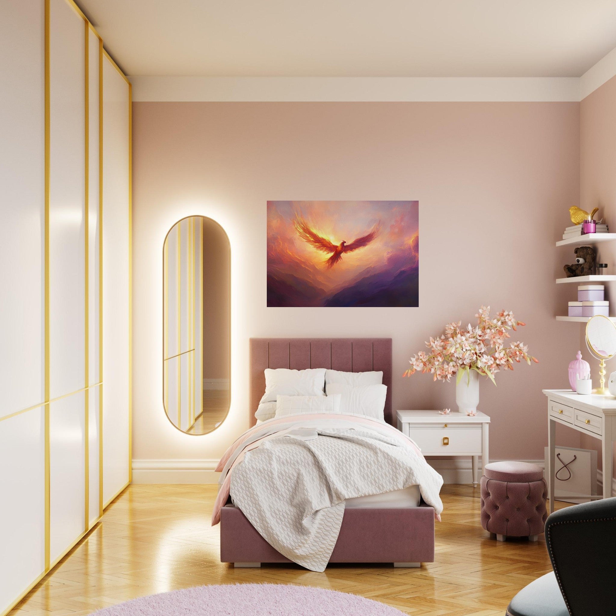 Aluminum Print Landscape - A celestial phoenix soars above a misty valley - Ai Art Force