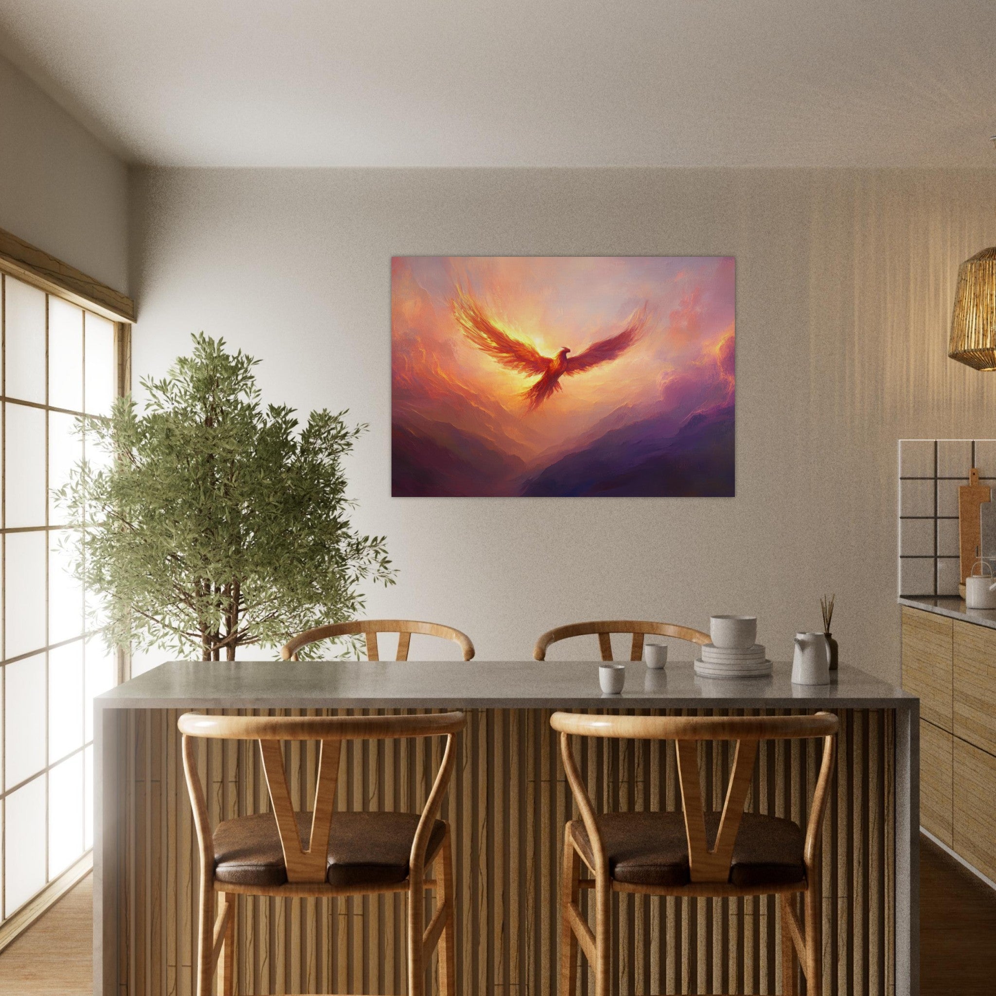 Aluminum Print Landscape - A celestial phoenix soars above a misty valley - Ai Art Force