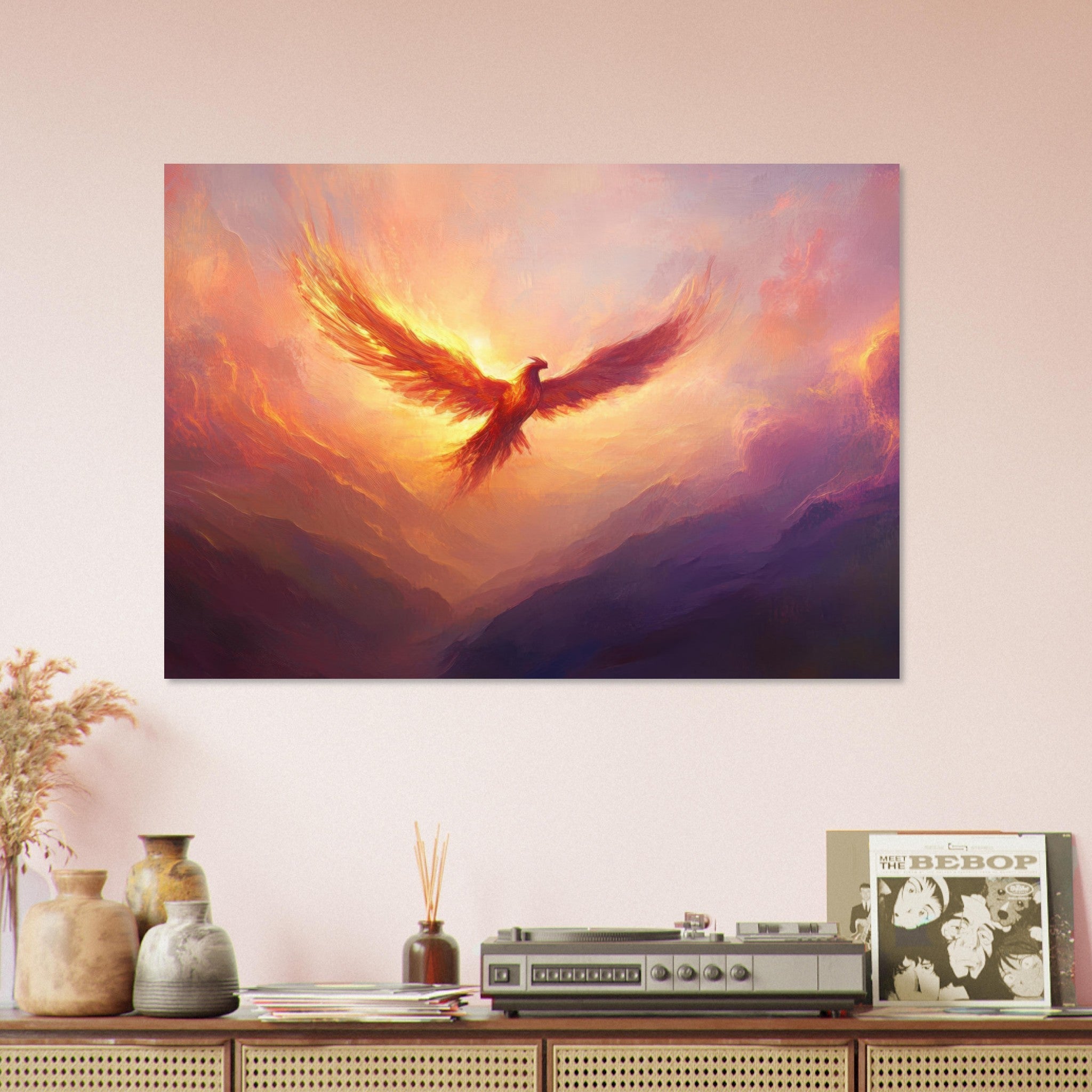 Aluminum Print Landscape - A celestial phoenix soars above a misty valley - Ai Art Force