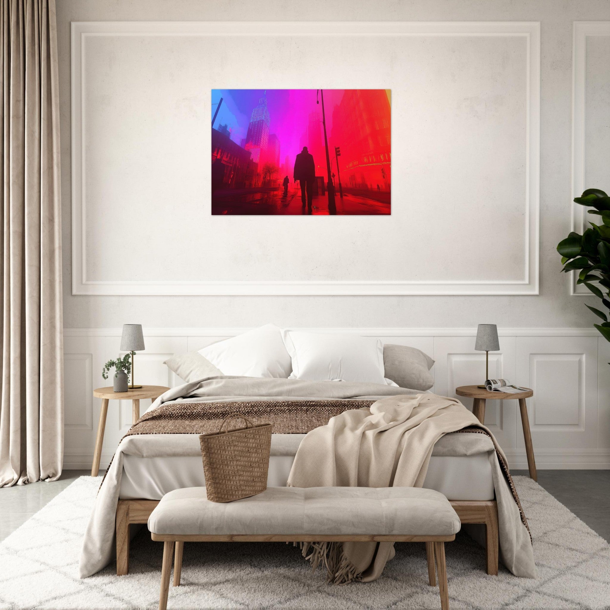 Aluminum Print Landscape - A city where neon lights create impossible rifle - Shop Ai Art WebShop - Digital Art online Store