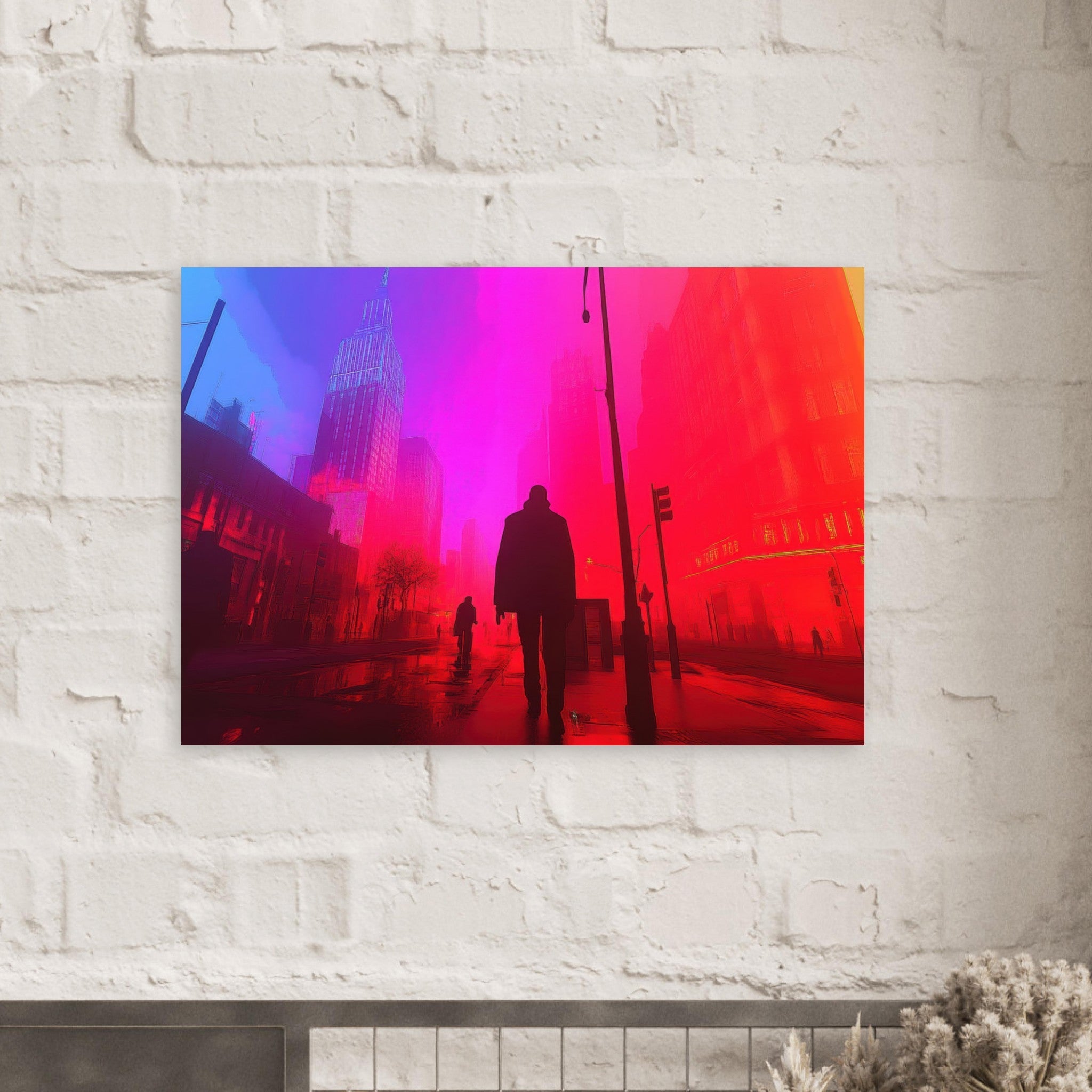 Aluminum Print Landscape - A city where neon lights create impossible rifle - Shop Ai Art WebShop - Digital Art online Store