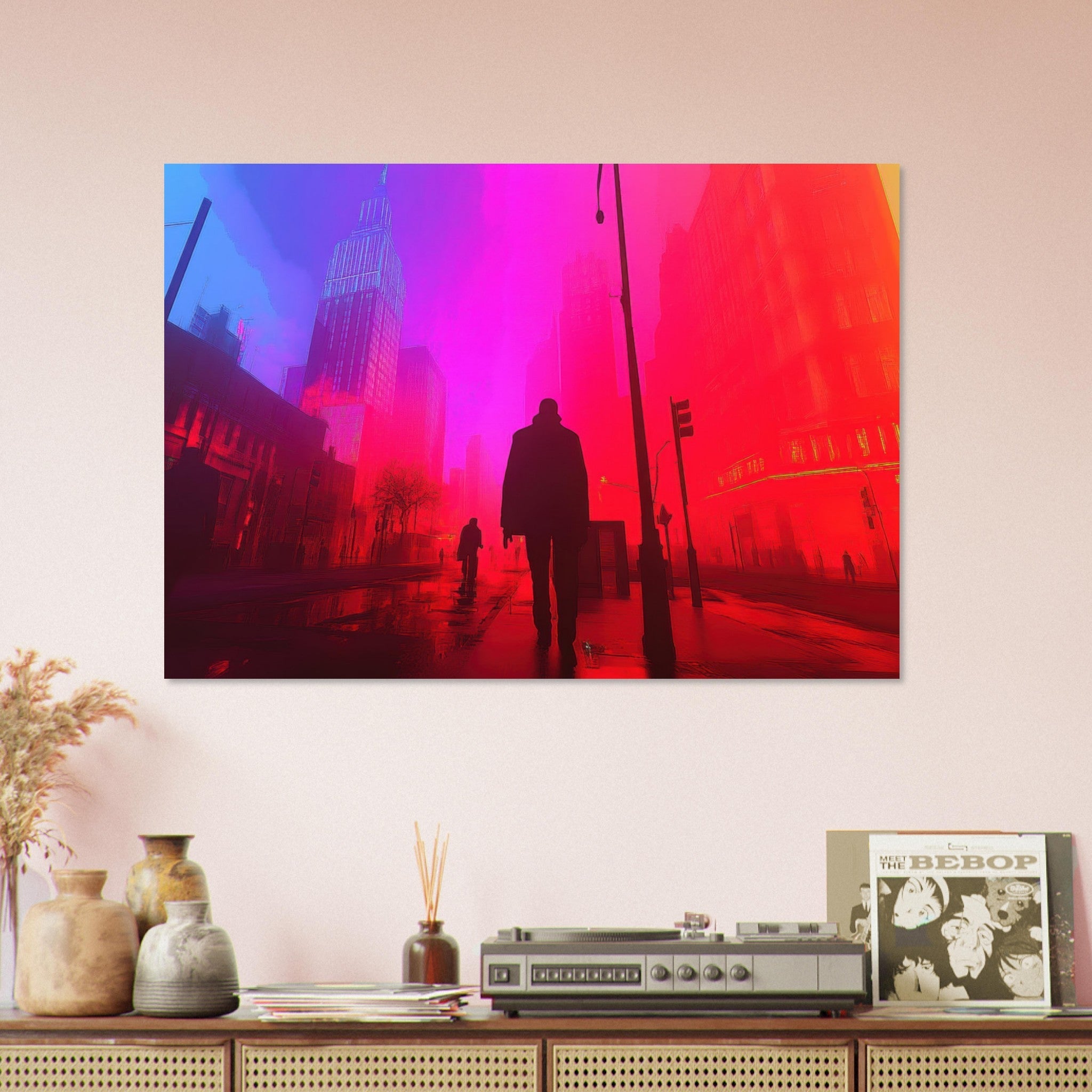 Aluminum Print Landscape - A city where neon lights create impossible rifle - Shop Ai Art WebShop - Digital Art online Store