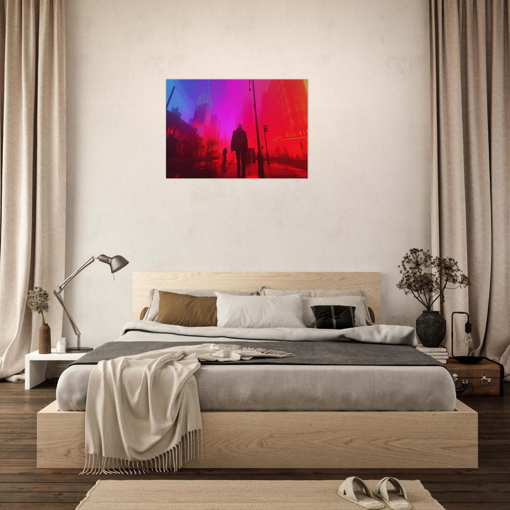 Aluminum Print Landscape - A city where neon lights create impossible rifle - Shop Ai Art WebShop - Digital Art online Store