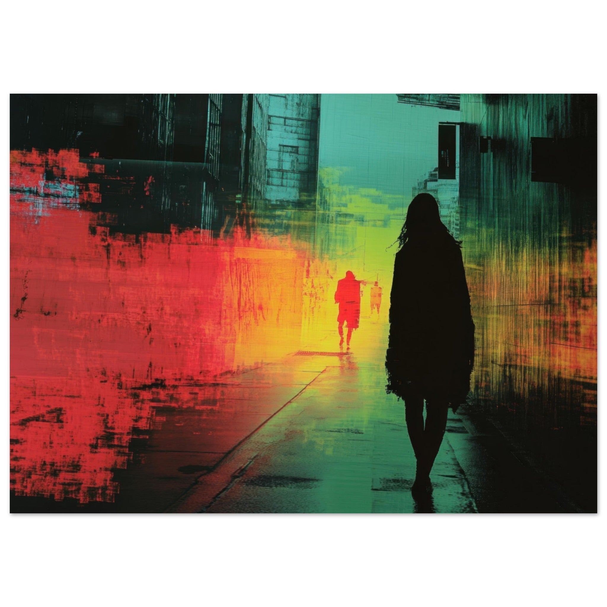 Aluminum Print Landscape - A city where neon lights create impossible rifle 2 - Shop Ai Art WebShop - Digital Art online Store