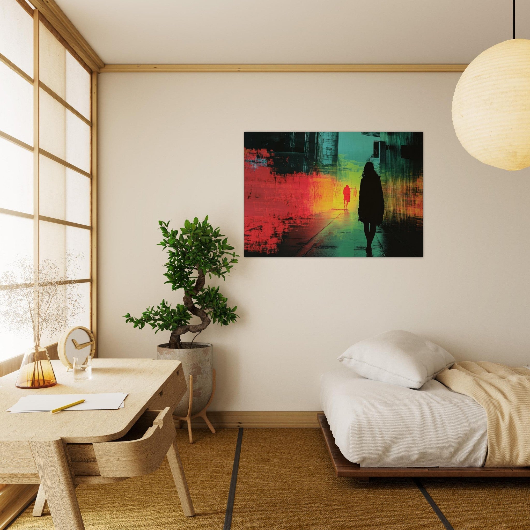 Aluminum Print Landscape - A city where neon lights create impossible rifle 2 - Shop Ai Art WebShop - Digital Art online Store