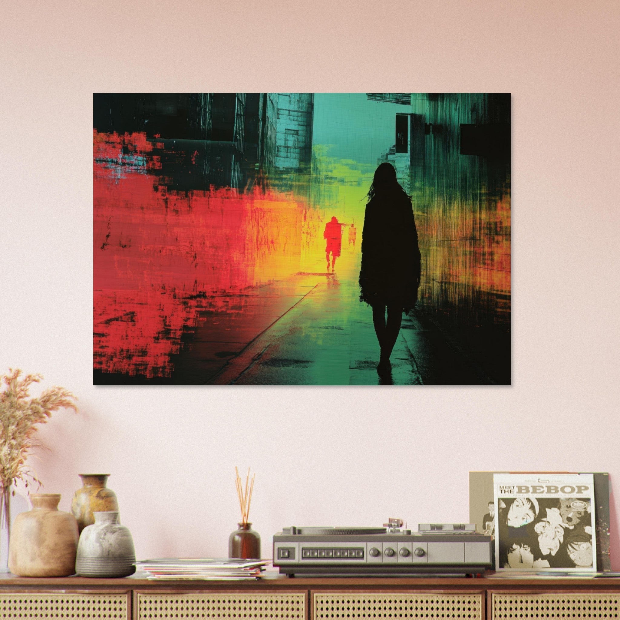 Aluminum Print Landscape - A city where neon lights create impossible rifle 2 - Shop Ai Art WebShop - Digital Art online Store