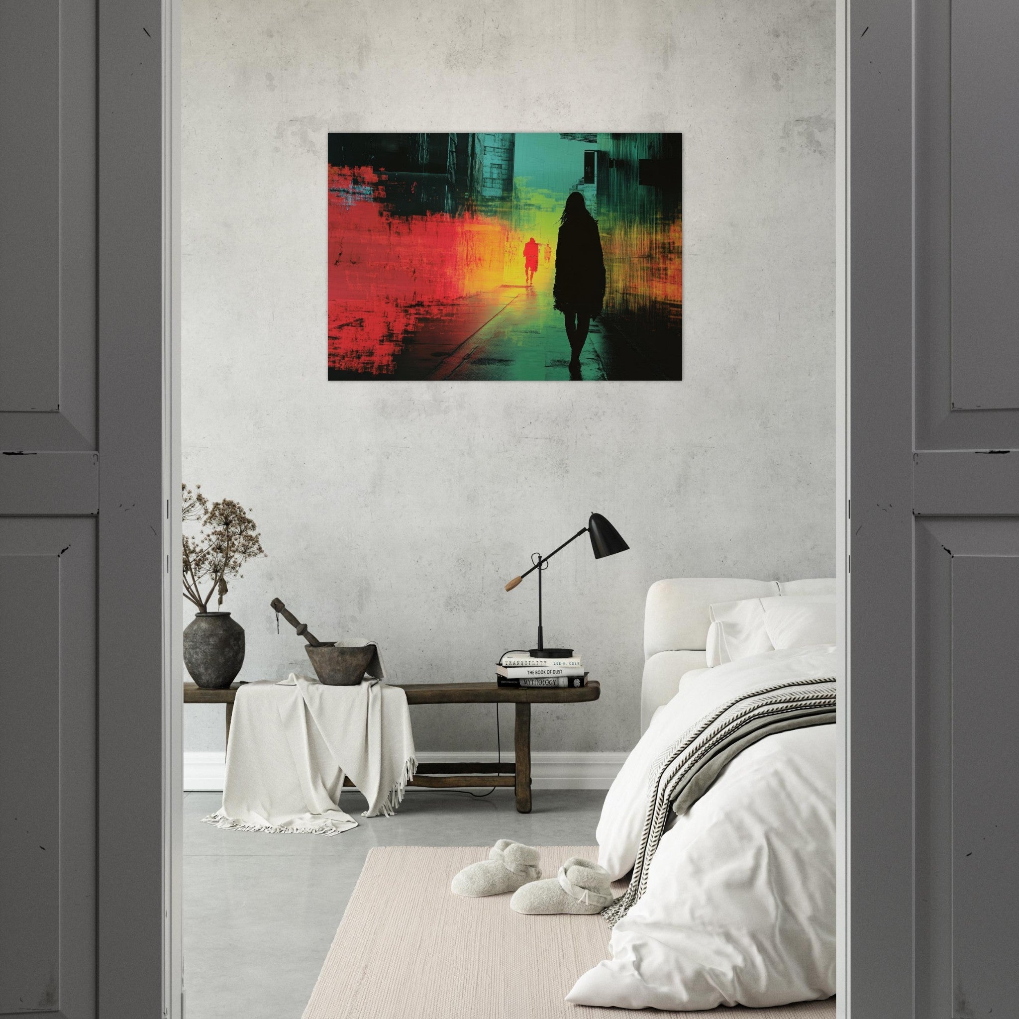 Aluminum Print Landscape - A city where neon lights create impossible rifle 2 - Shop Ai Art WebShop - Digital Art online Store