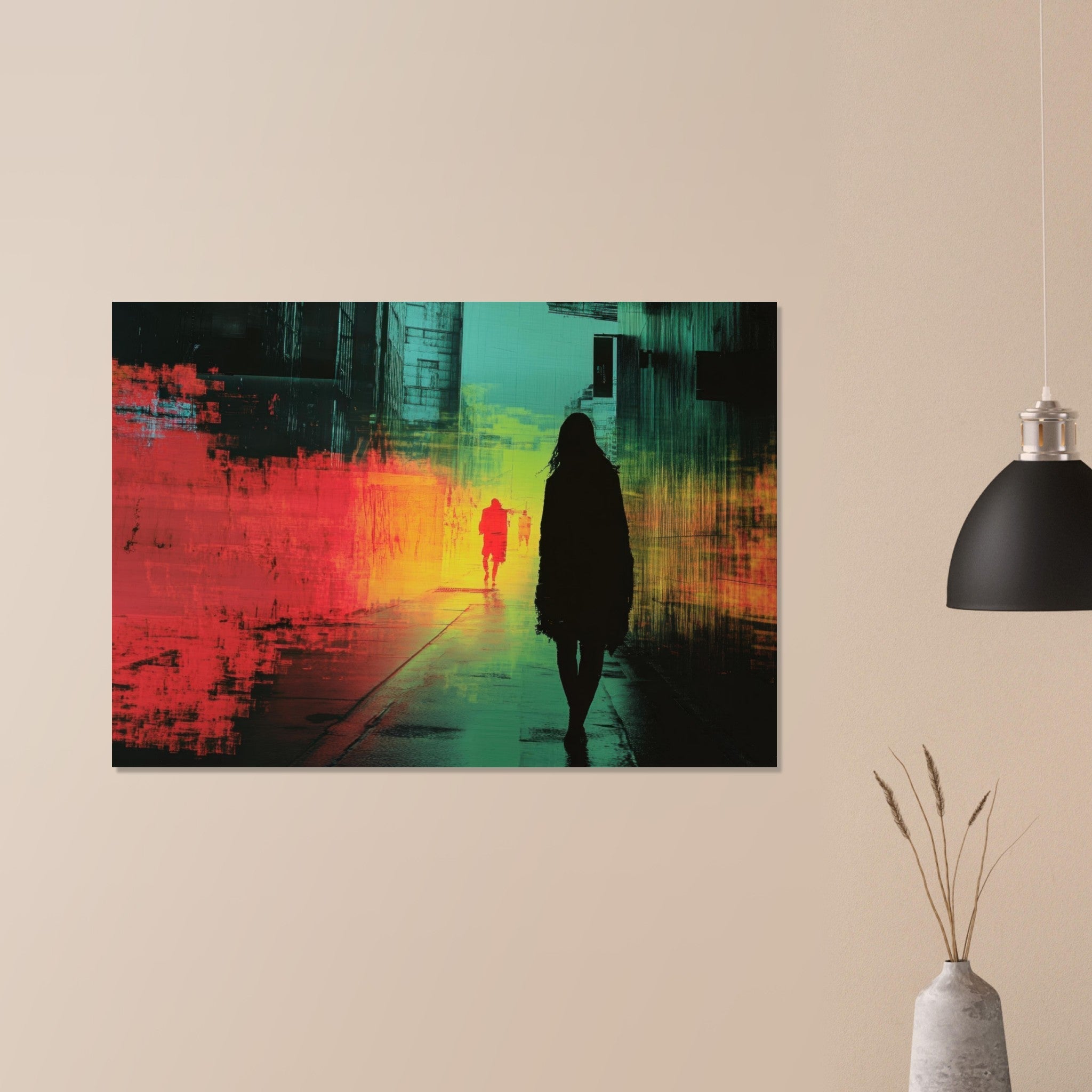 Aluminum Print Landscape - A city where neon lights create impossible rifle 2 - Shop Ai Art WebShop - Digital Art online Store