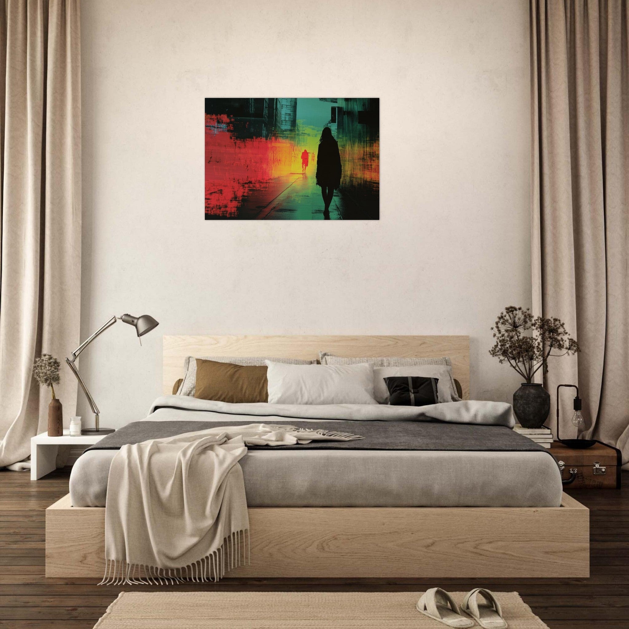 Aluminum Print Landscape - A city where neon lights create impossible rifle 2 - Shop Ai Art WebShop - Digital Art online Store