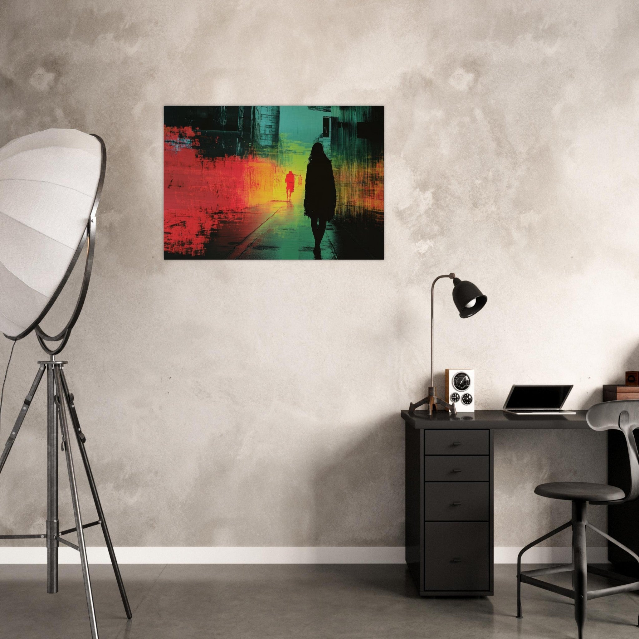 Aluminum Print Landscape - A city where neon lights create impossible rifle 2 - Shop Ai Art WebShop - Digital Art online Store