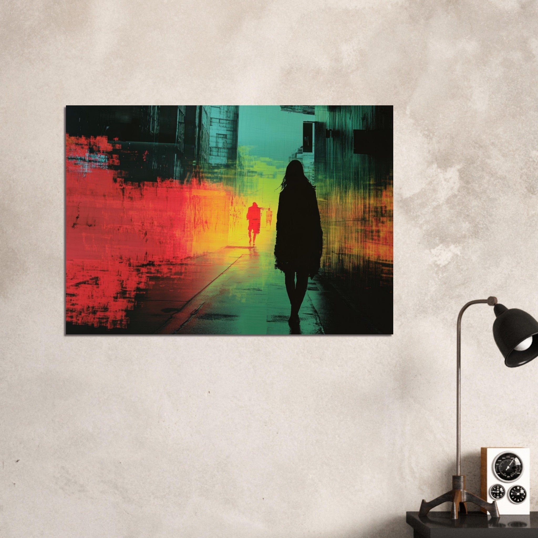 Aluminum Print Landscape - A city where neon lights create impossible rifle 2 - Shop Ai Art WebShop - Digital Art online Store