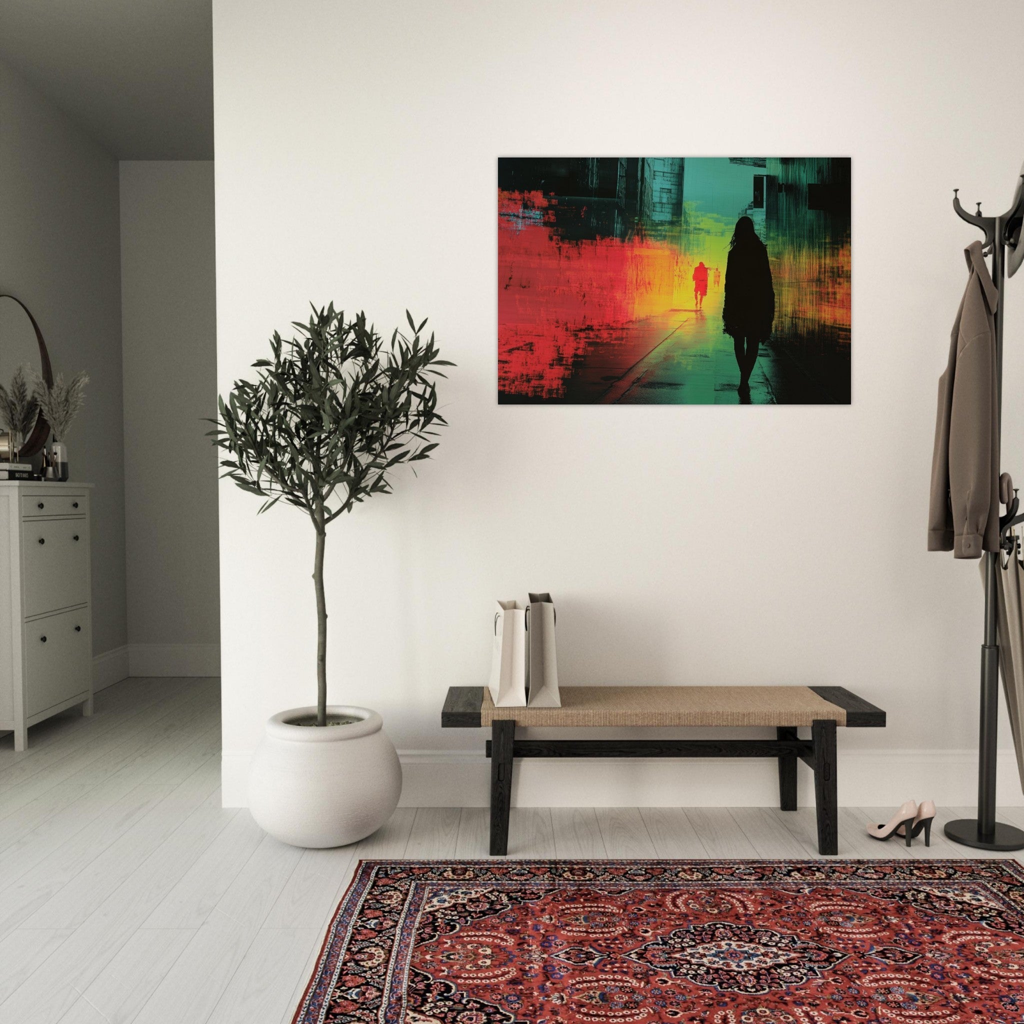 Aluminum Print Landscape - A city where neon lights create impossible rifle 2 - Shop Ai Art WebShop - Digital Art online Store