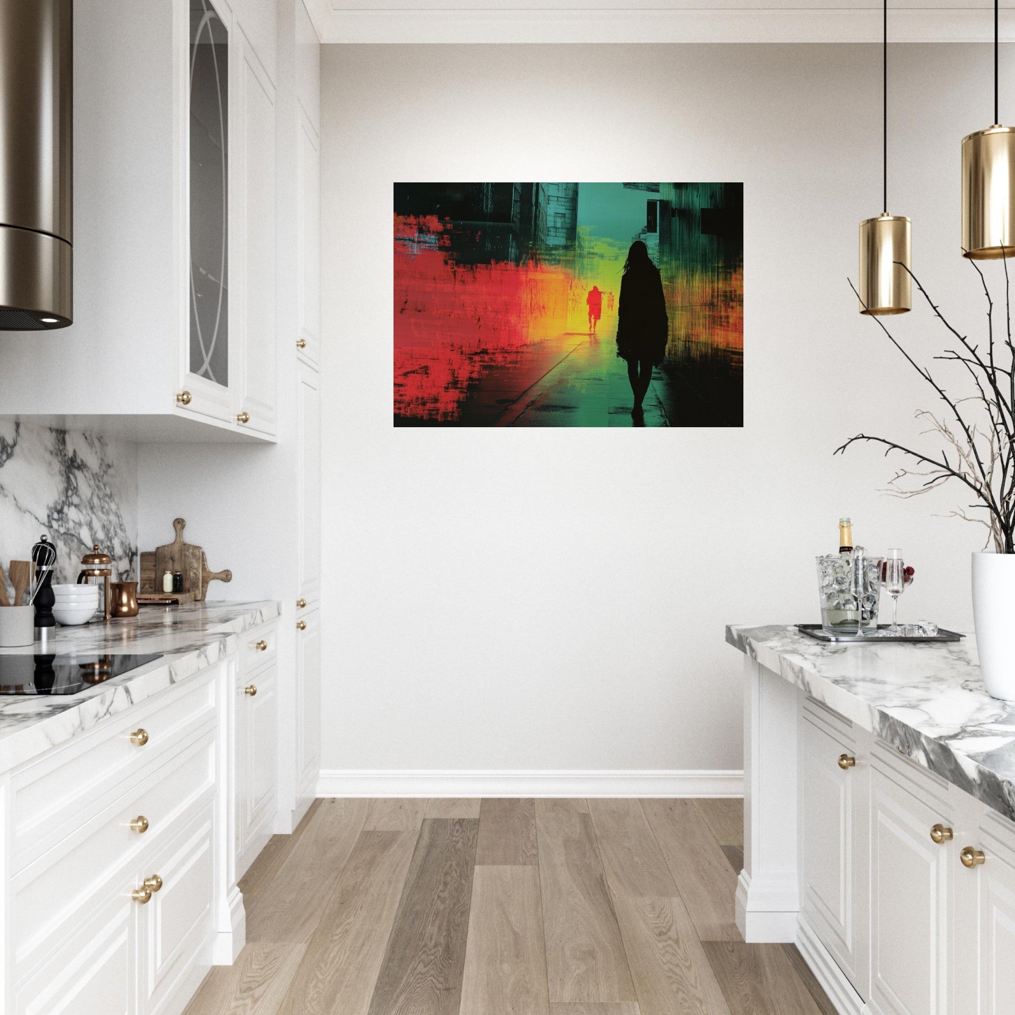 Aluminum Print Landscape - A city where neon lights create impossible rifle 2 - Shop Ai Art WebShop - Digital Art online Store