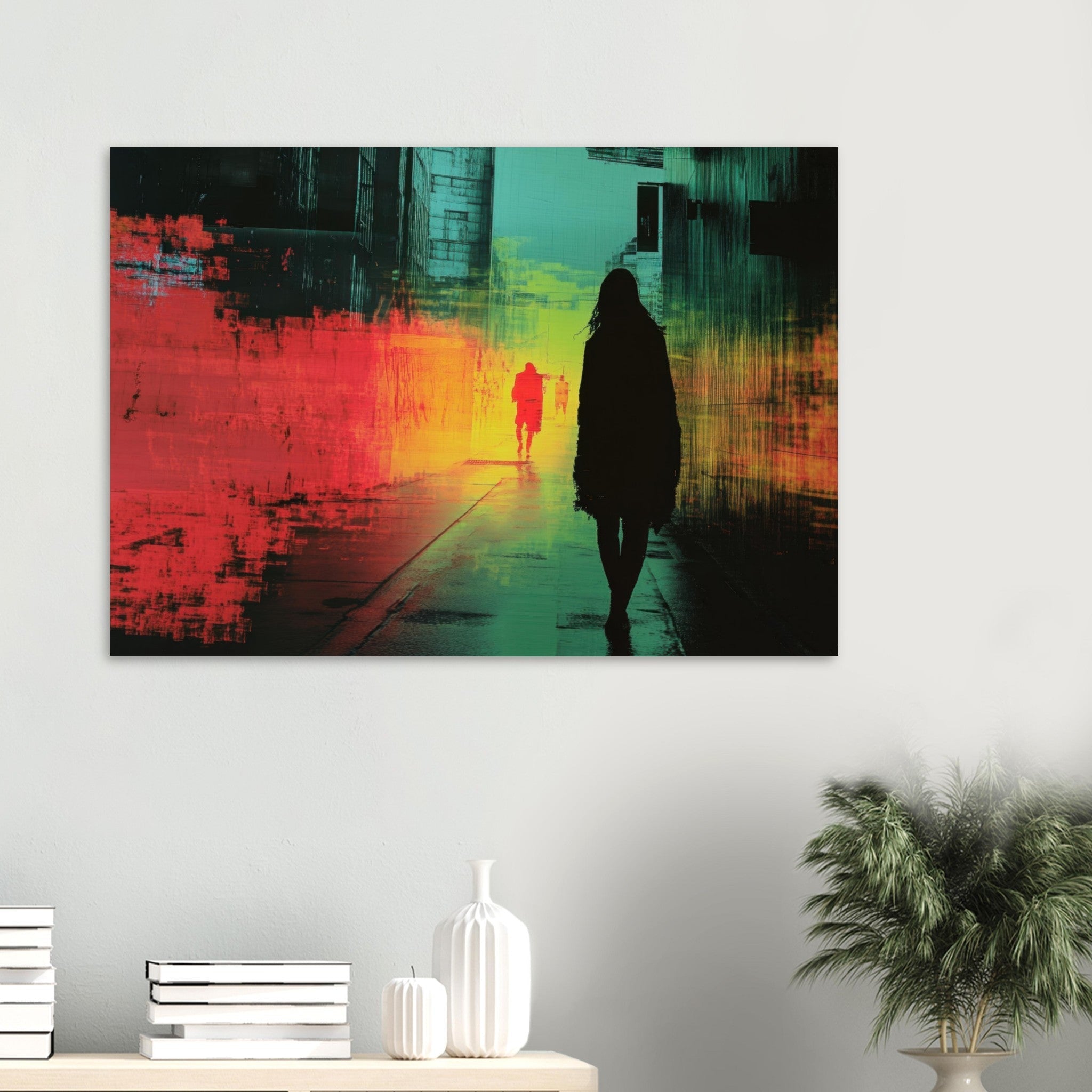 Aluminum Print Landscape - A city where neon lights create impossible rifle 2 - Shop Ai Art WebShop - Digital Art online Store