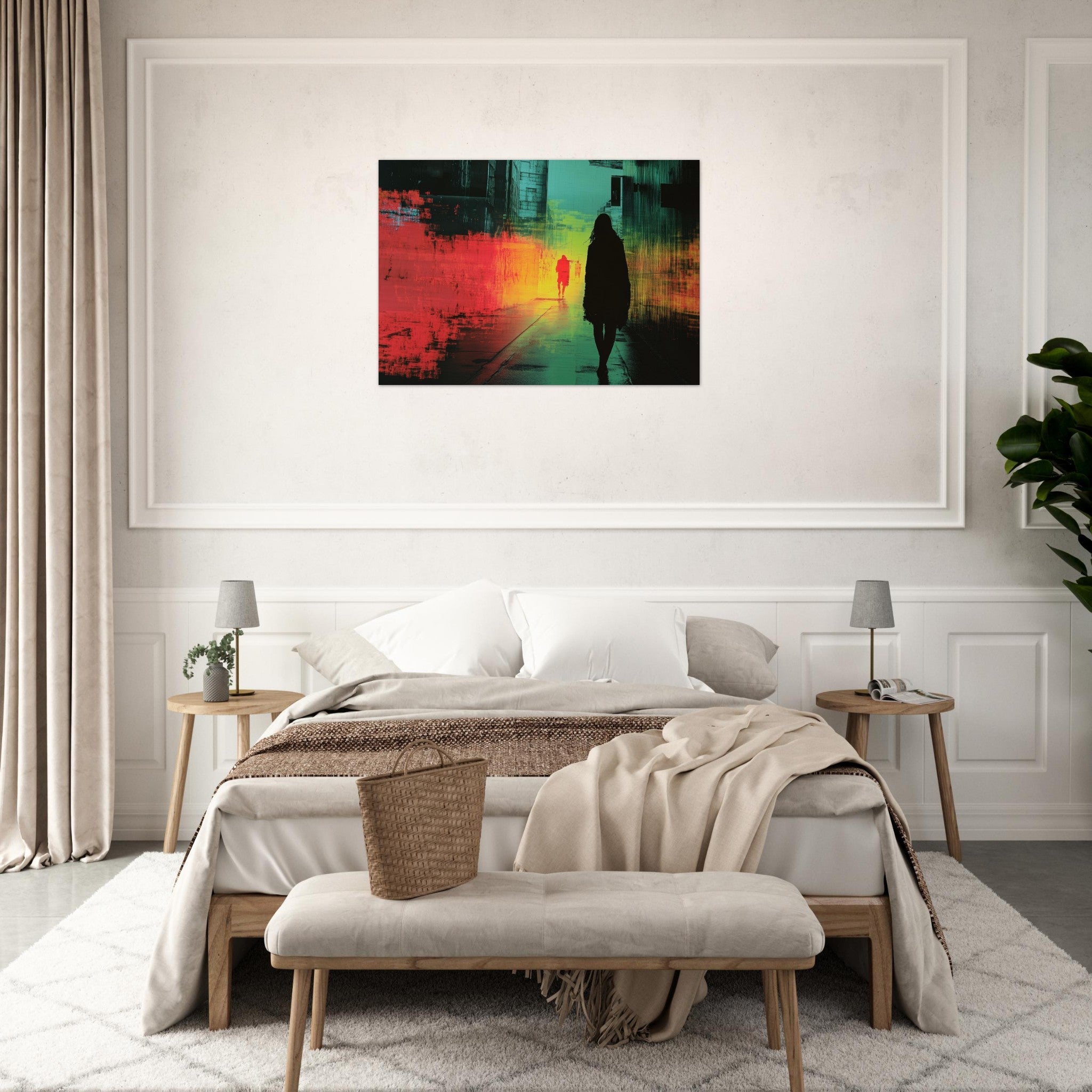 Aluminum Print Landscape - A city where neon lights create impossible rifle 2 - Shop Ai Art WebShop - Digital Art online Store