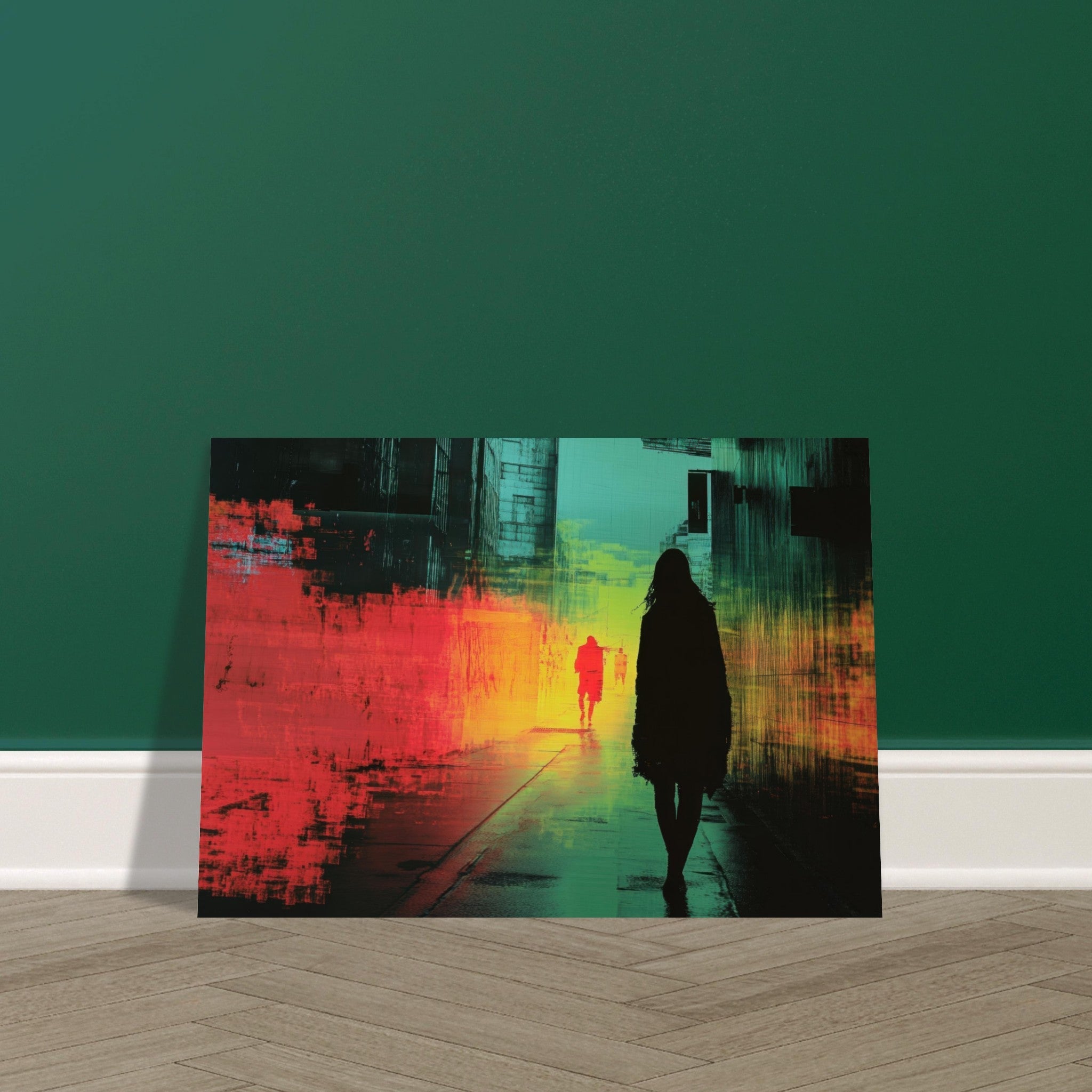 Aluminum Print Landscape - A city where neon lights create impossible rifle 2 - Shop Ai Art WebShop - Digital Art online Store