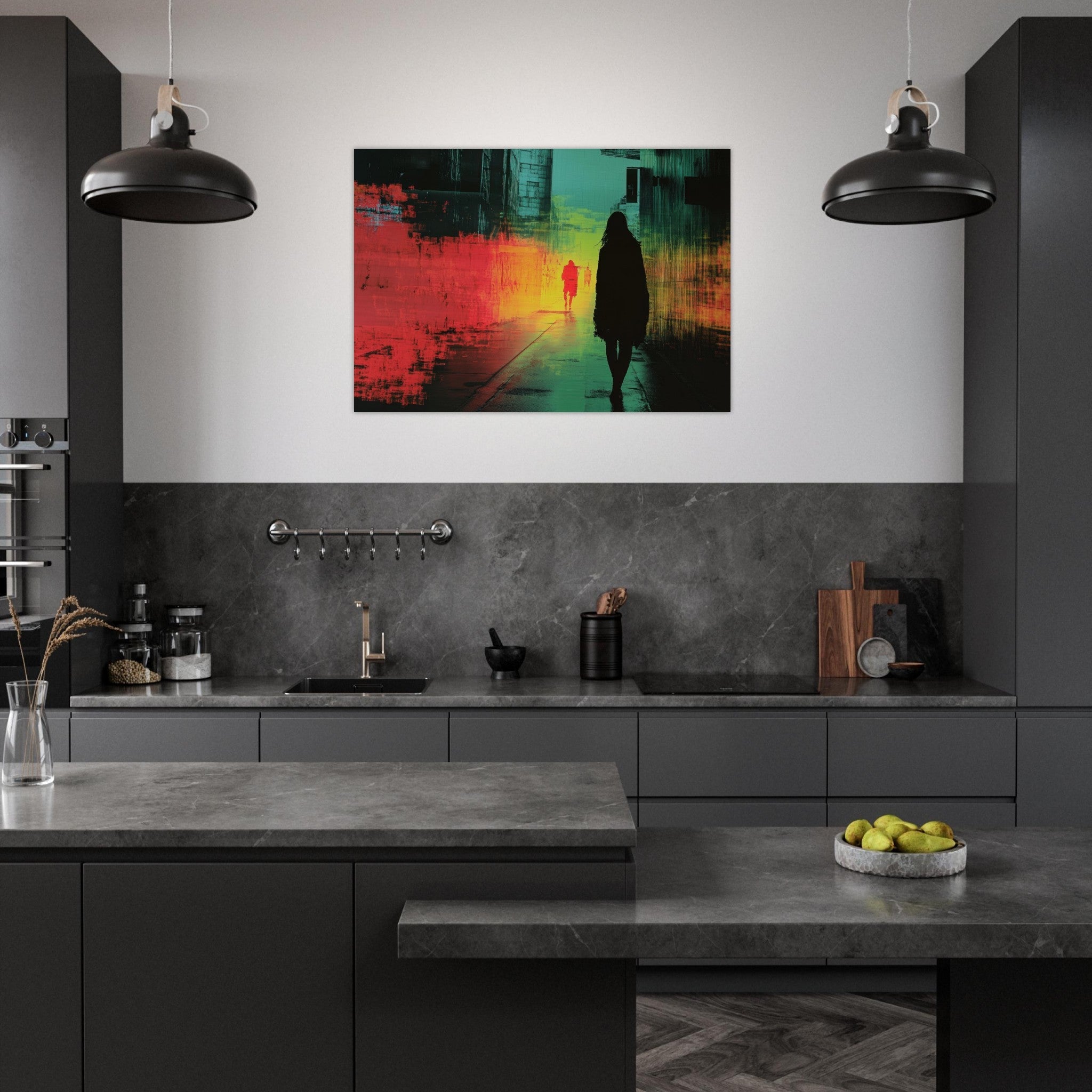Aluminum Print Landscape - A city where neon lights create impossible rifle 2 - Shop Ai Art WebShop - Digital Art online Store