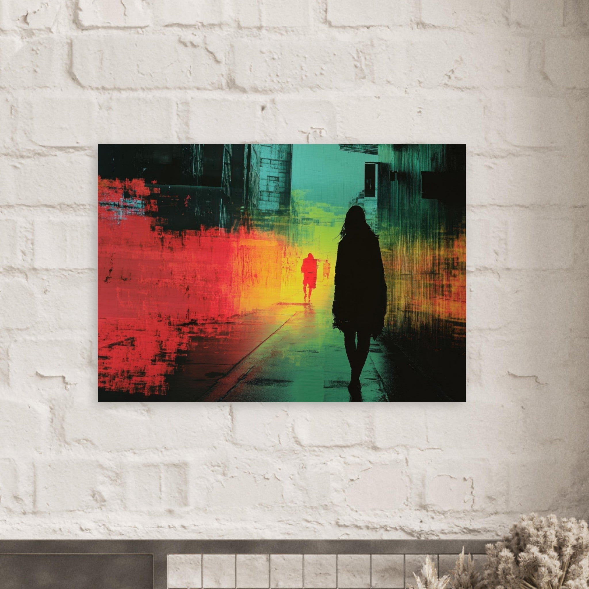Aluminum Print Landscape - A city where neon lights create impossible rifle 2 - Shop Ai Art WebShop - Digital Art online Store