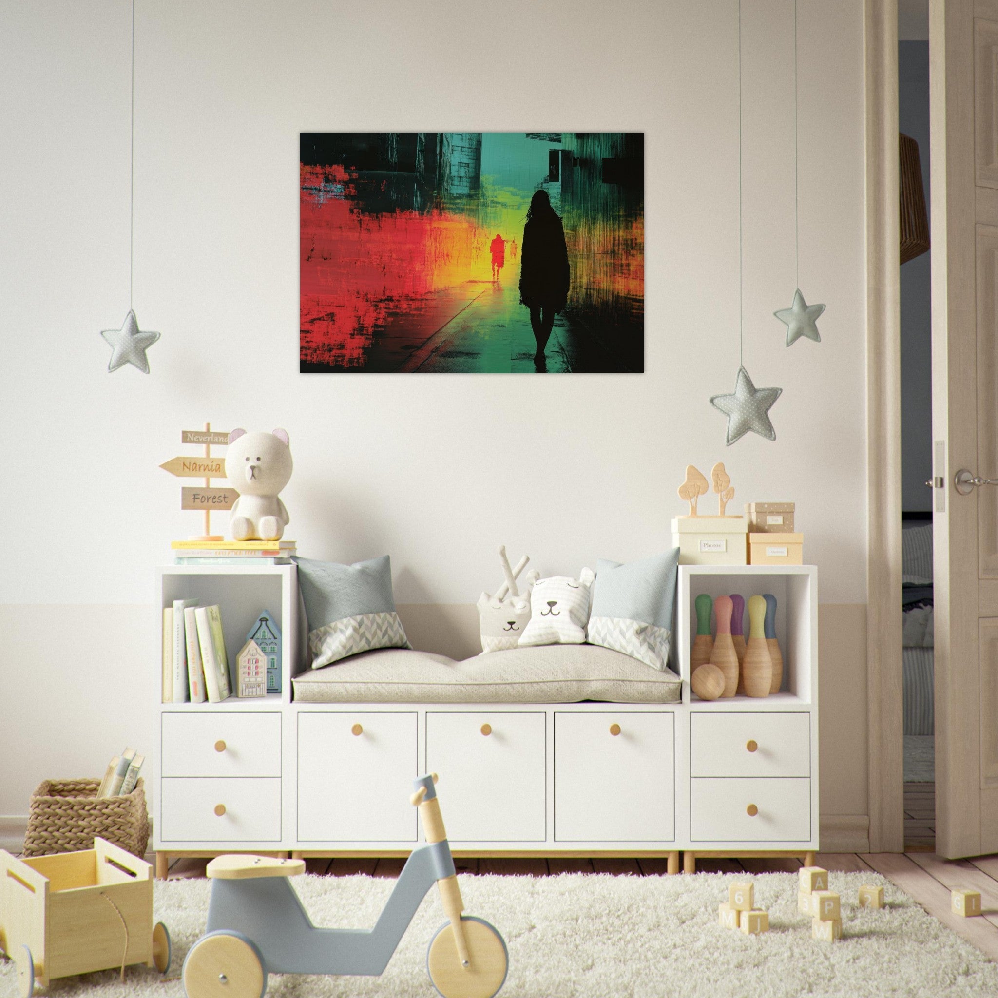 Aluminum Print Landscape - A city where neon lights create impossible rifle 2 - Shop Ai Art WebShop - Digital Art online Store