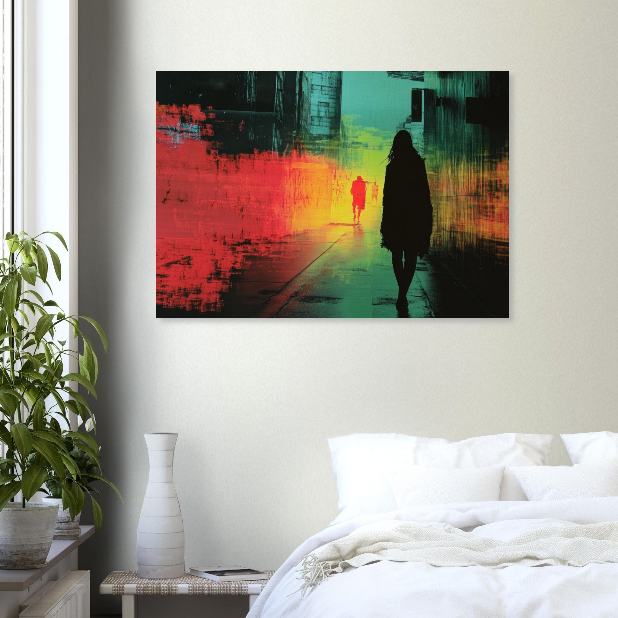 Aluminum Print Landscape - A city where neon lights create impossible rifle 2 - Shop Ai Art WebShop - Digital Art online Store