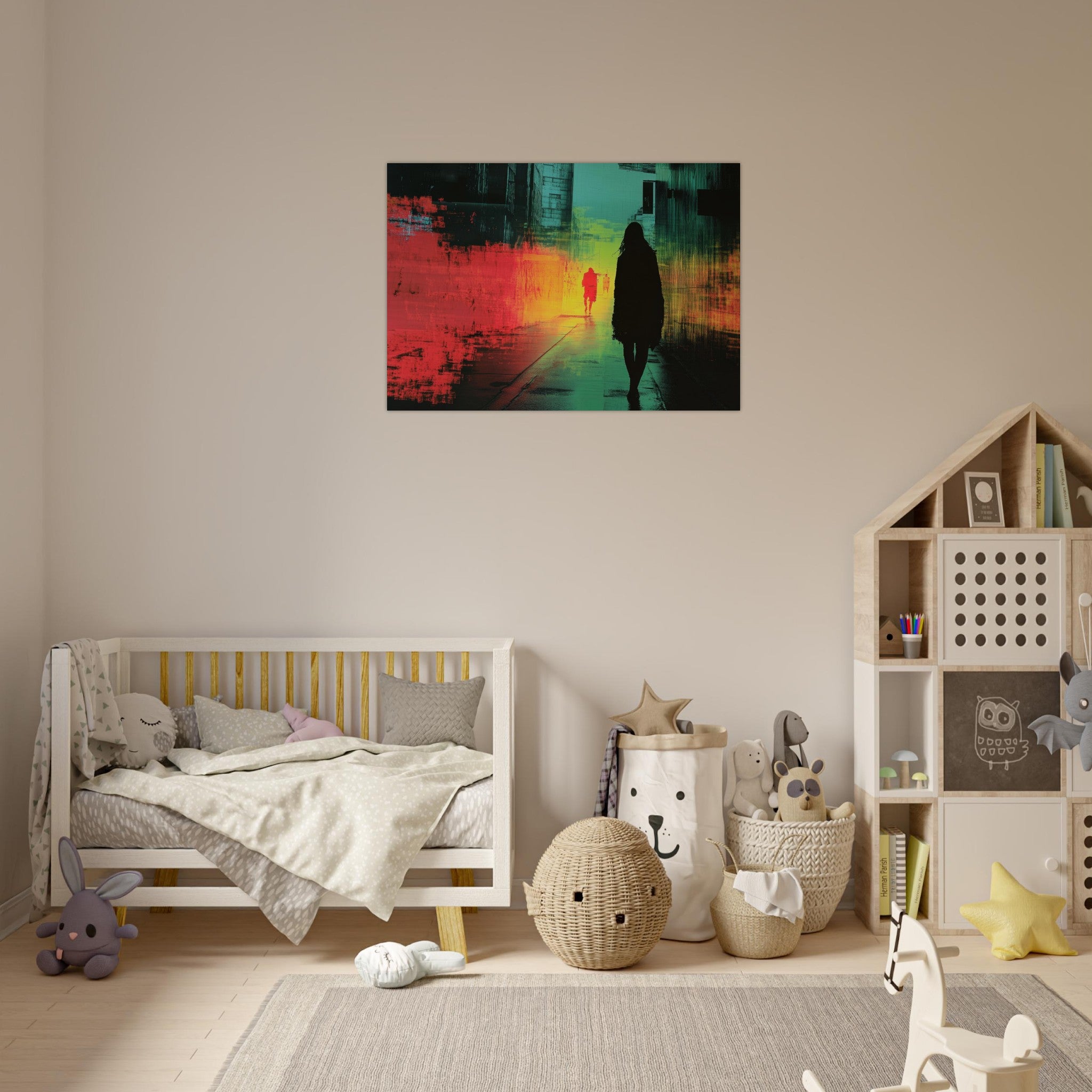 Aluminum Print Landscape - A city where neon lights create impossible rifle 2 - Shop Ai Art WebShop - Digital Art online Store